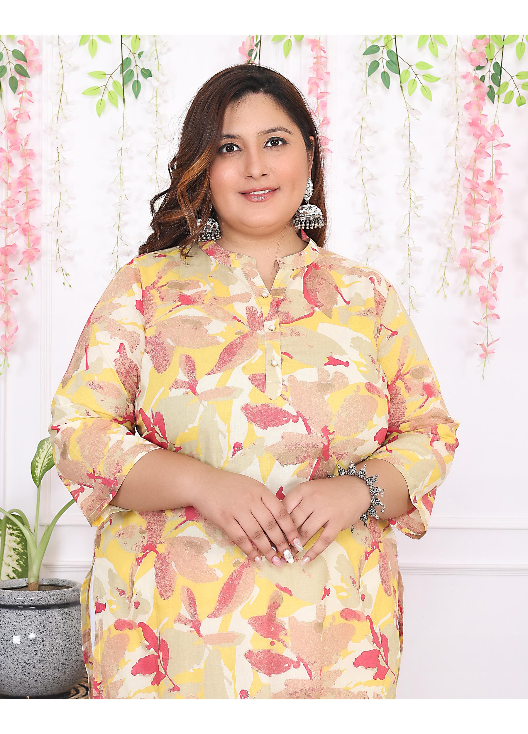 Women Printed Cotton Straight Kurta (B11-Yellow)