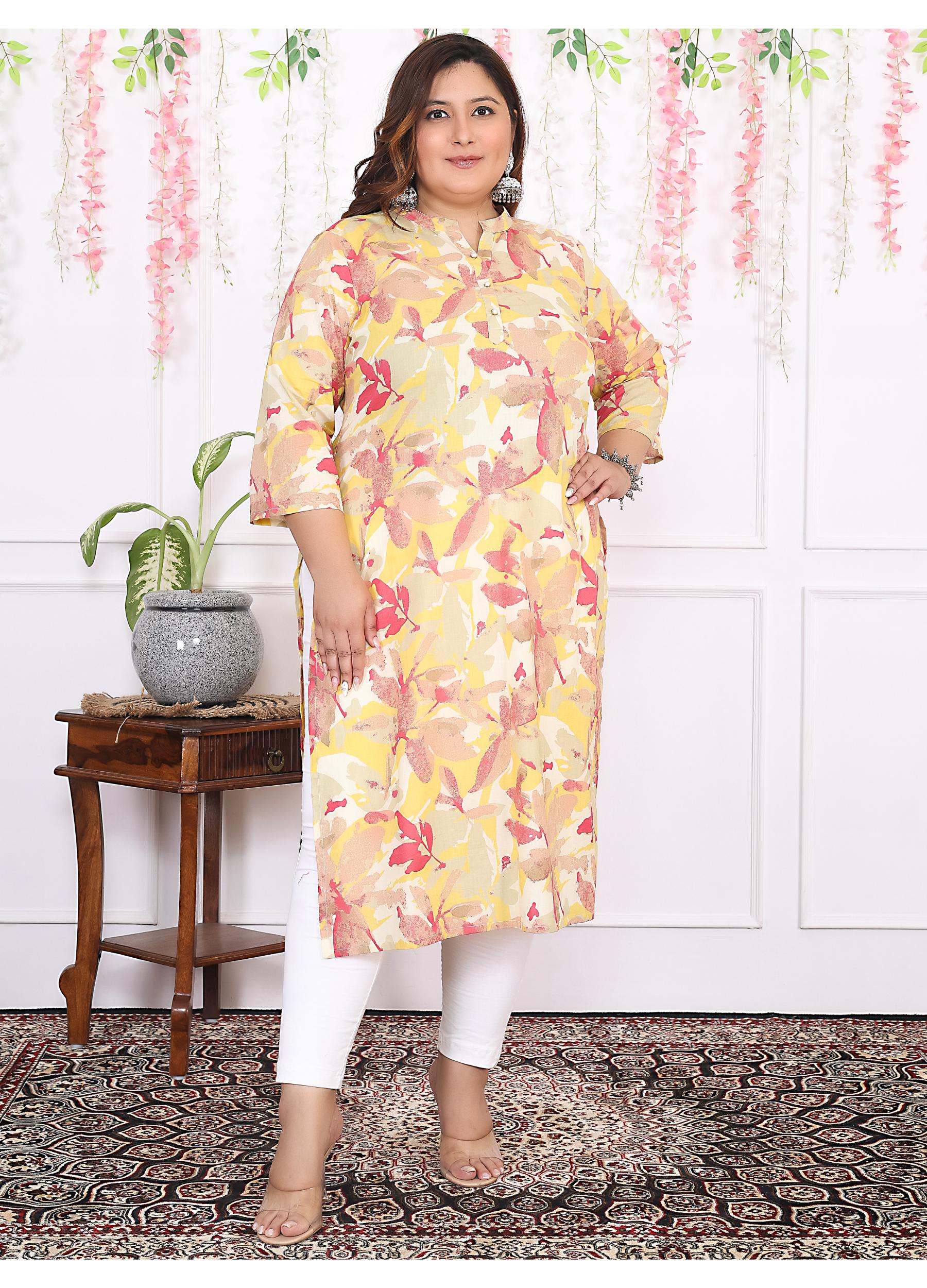 Women Printed Cotton Straight Kurta (B11-Yellow)