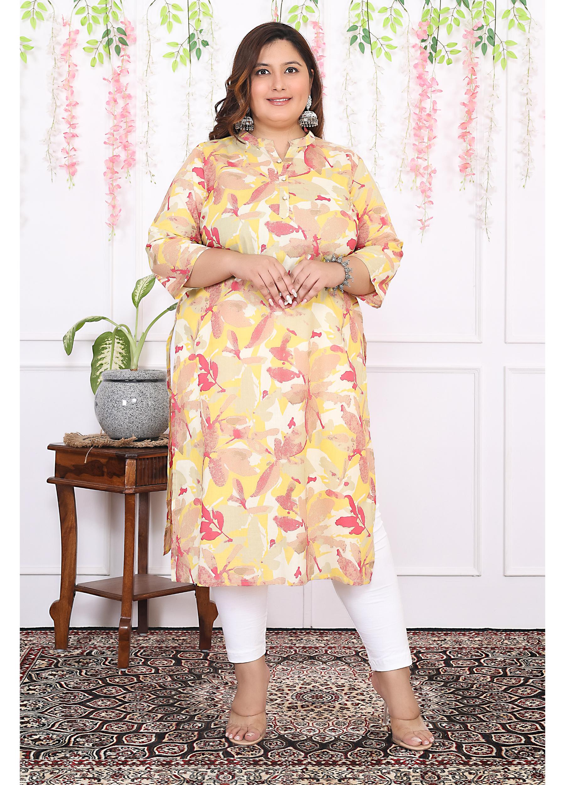 Women Printed Cotton Straight Kurta (B11-Yellow)