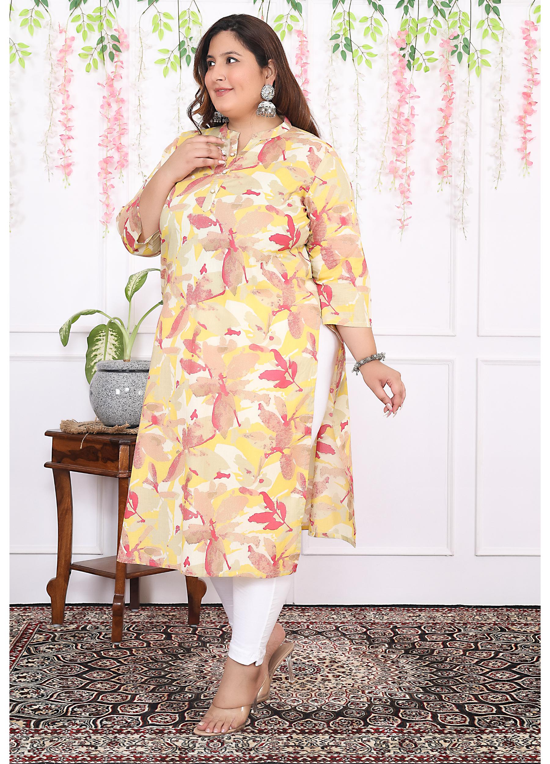 Women Printed Cotton Straight Kurta (B11-Yellow)