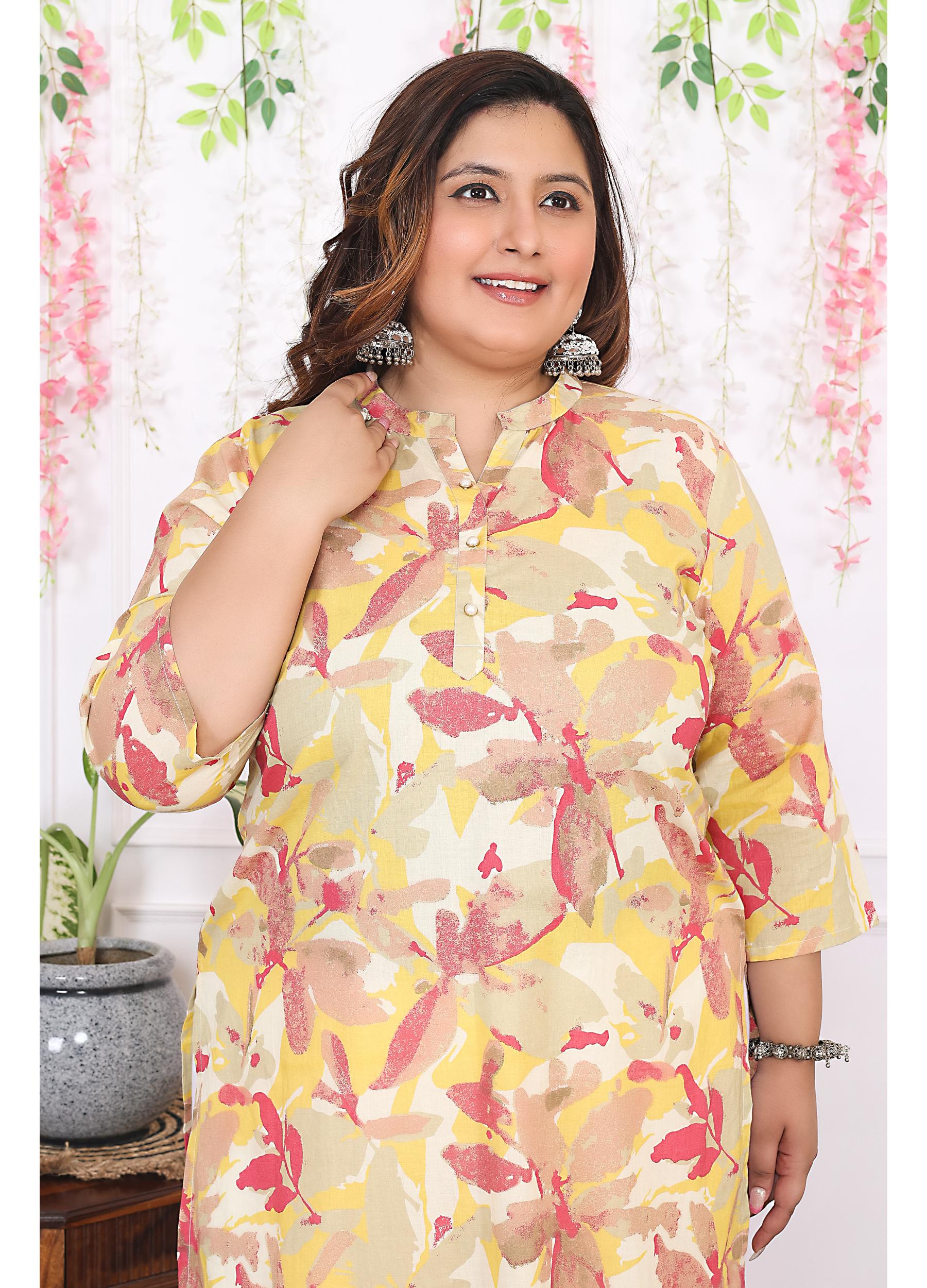 Women Printed Cotton Straight Kurta (B11-Yellow)