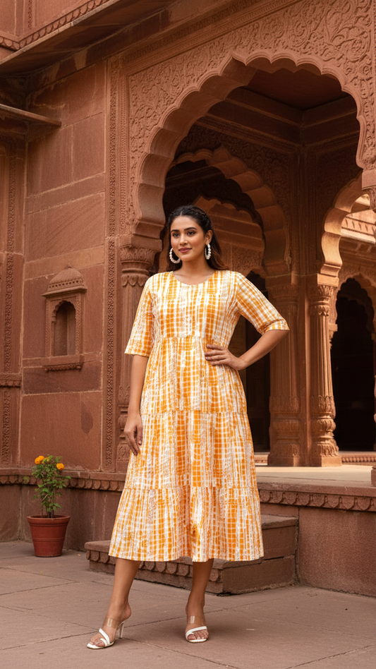 Plus Size Orange & White Tie-Dye Tiered Cotton Dress