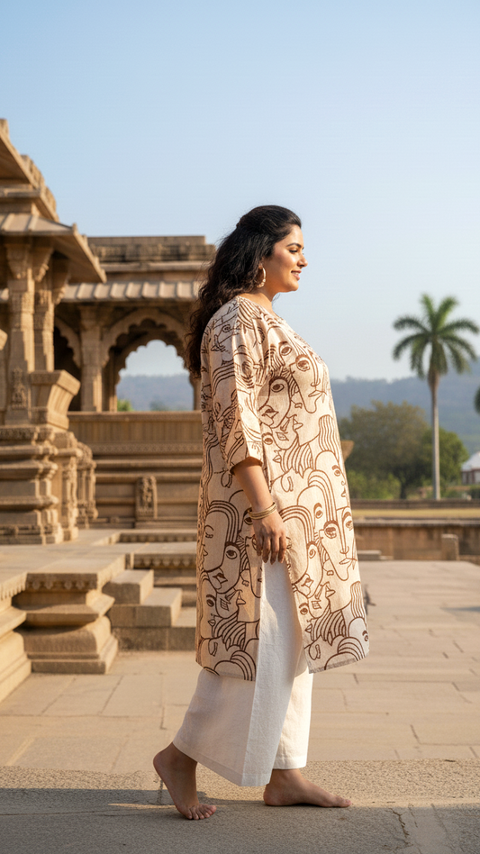 Abstract Face Print Plus Size Kurta