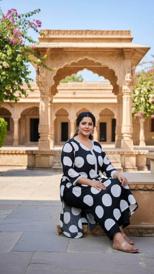 Dotted Black & White Plus Size Cotton Kurta
