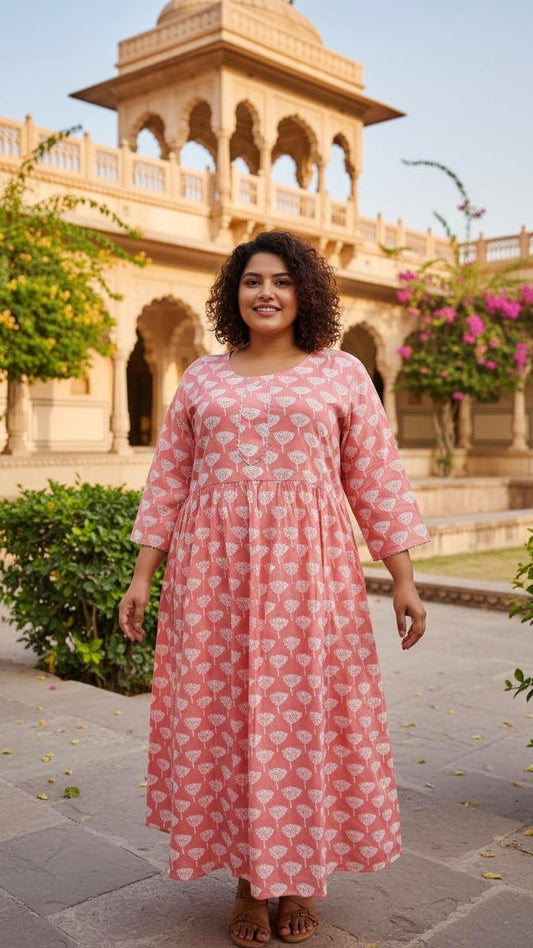 Plus Size Cotton Pink Printed Gown