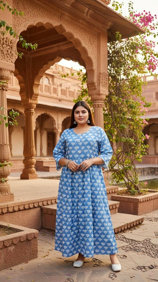 Plus Size Cotton Blue Abstract Printed Gown