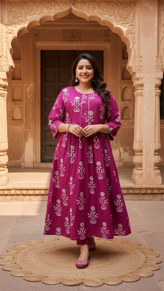 Plus Size Cotton Burgundy Floral Printed Gown