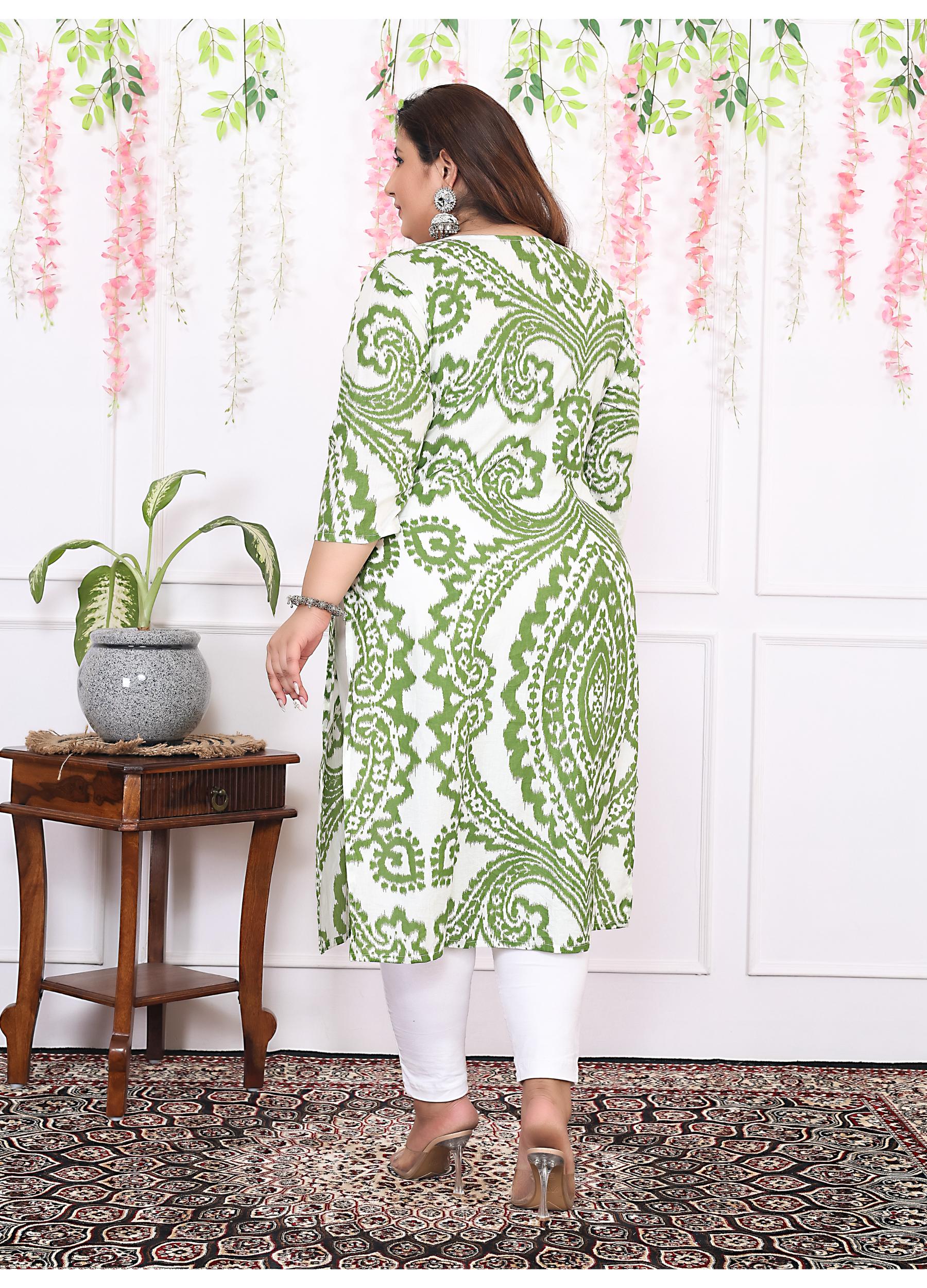 Women Printed Cotton Straight Kurta (B12-Green)