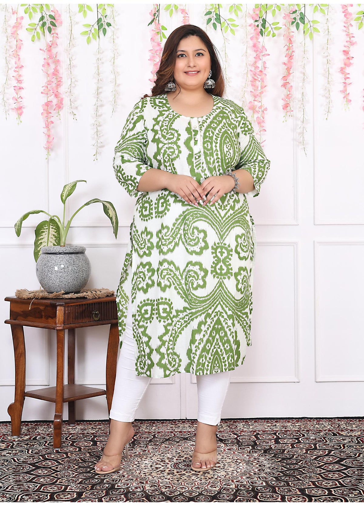 Women Printed Cotton Straight Kurta (B12-Green)