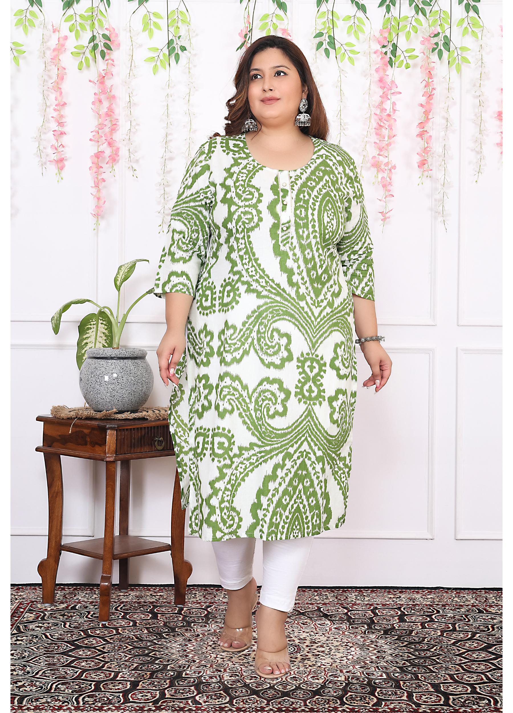 Women Printed Cotton Straight Kurta (B12-Green)