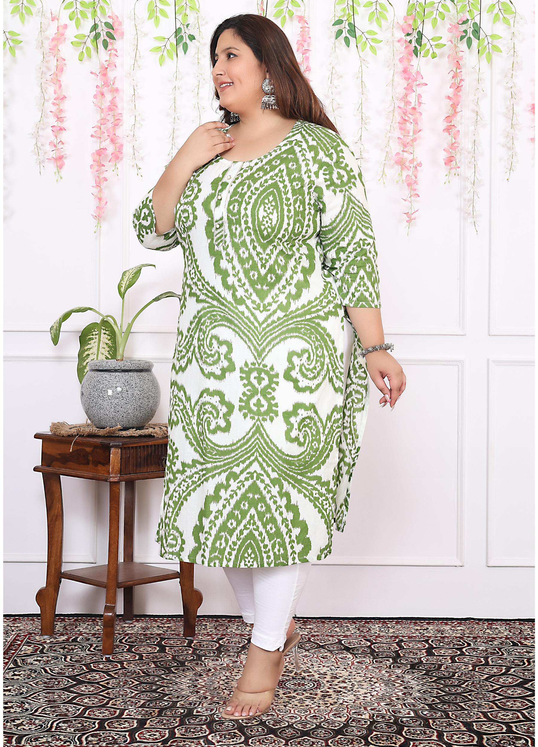 Women Printed Cotton Straight Kurta (B12-Green)