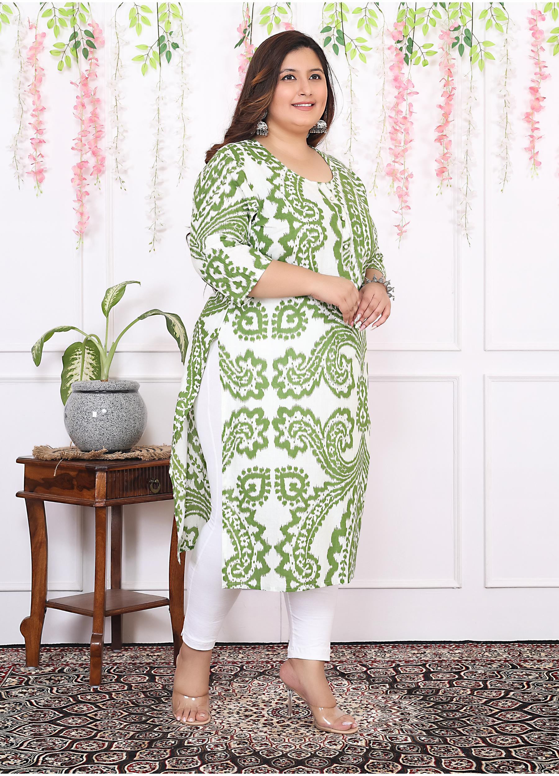 Women Printed Cotton Straight Kurta (B12-Green)