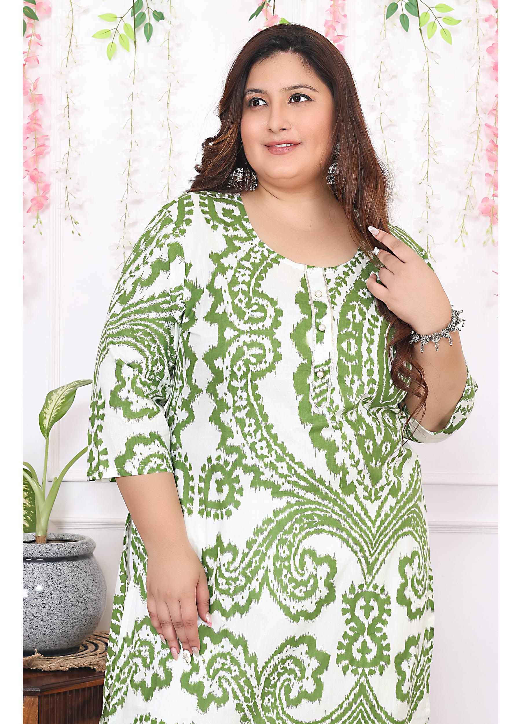 Women Printed Cotton Straight Kurta (B12-Green)