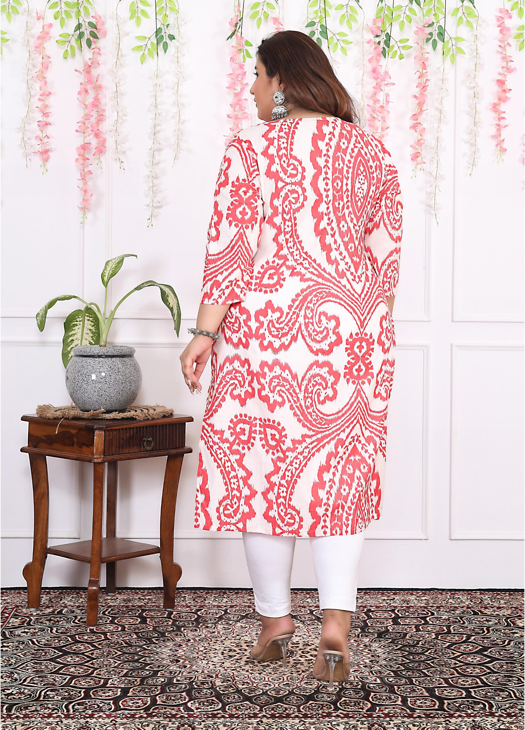 Women Printed Cotton Straight Kurta (B12-Red)