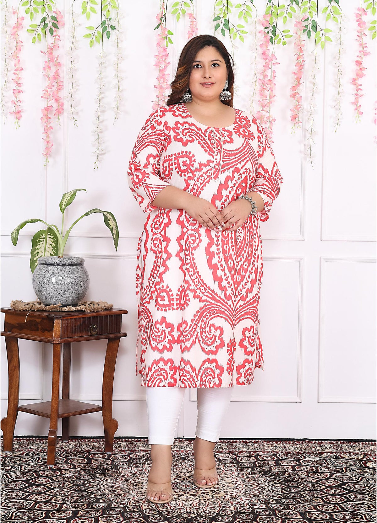 Women Printed Cotton Straight Kurta (B12-Red)