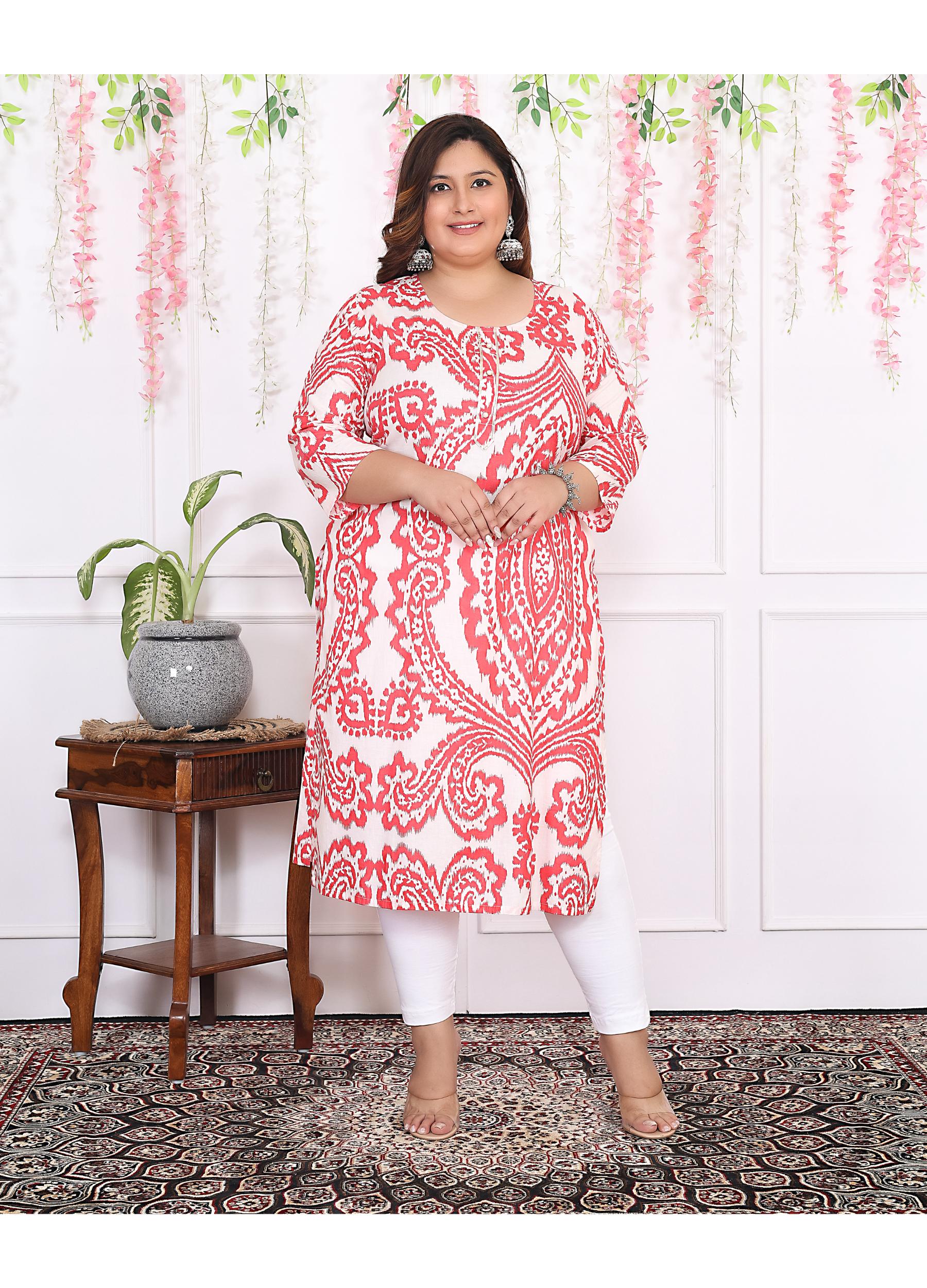 Women Printed Cotton Straight Kurta (B12-Red)