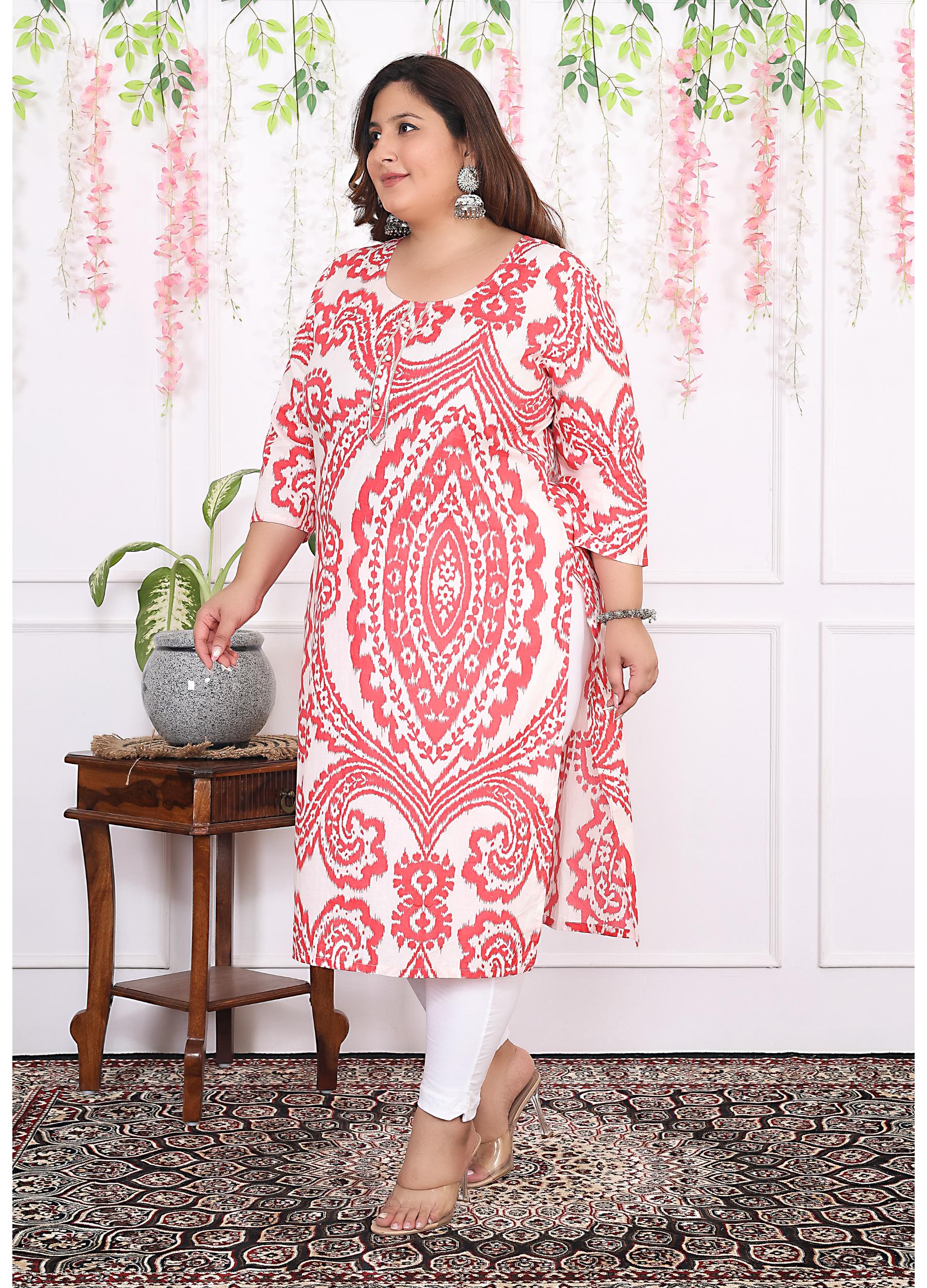 Women Printed Cotton Straight Kurta (B12-Red)