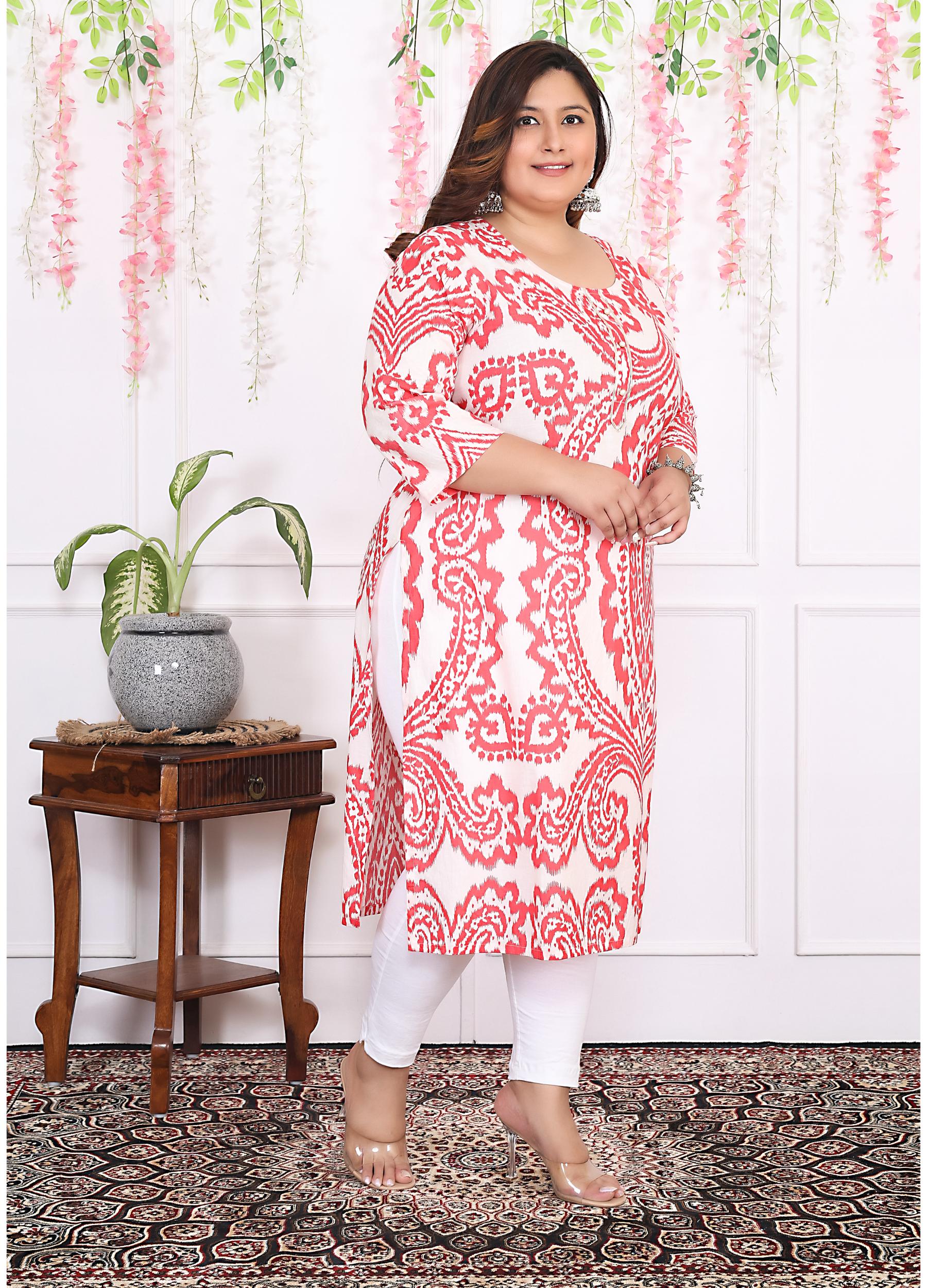 Women Printed Cotton Straight Kurta (B12-Red)