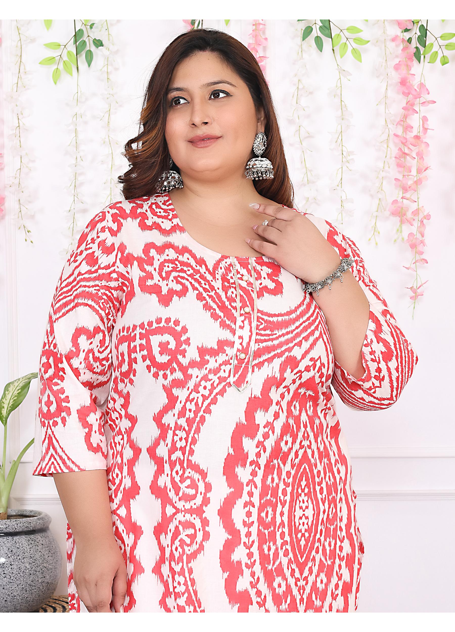 Women Printed Cotton Straight Kurta (B12-Red)