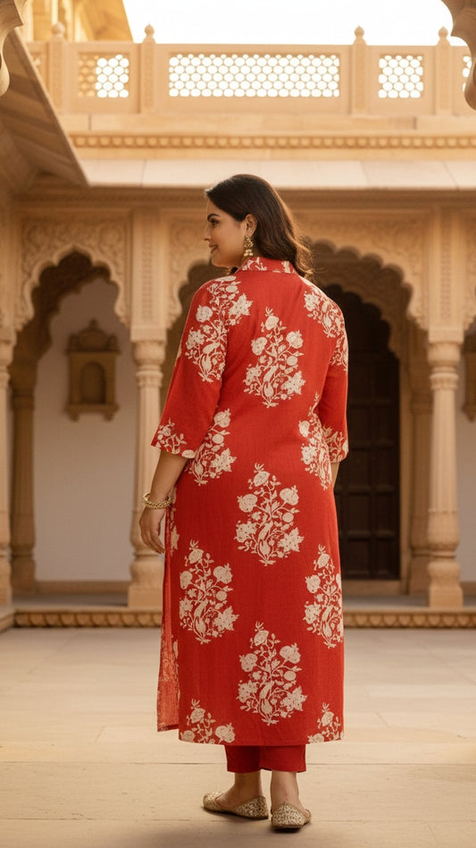 Plus Size Red Floral Printed Kurta