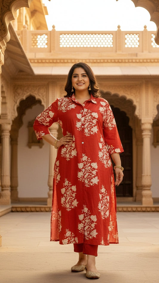 Plus Size Red Floral Printed Kurta