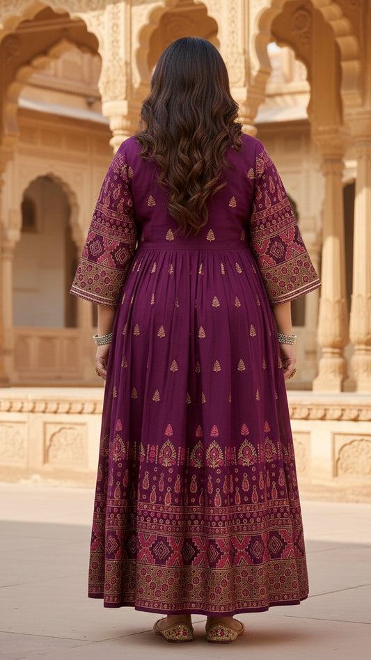 Plus Size Cotton Maroon Abstract Printed Gown