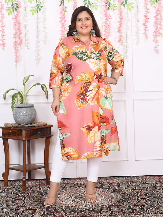 Women Printed Cotton Straight Kurta (B13-Peach)