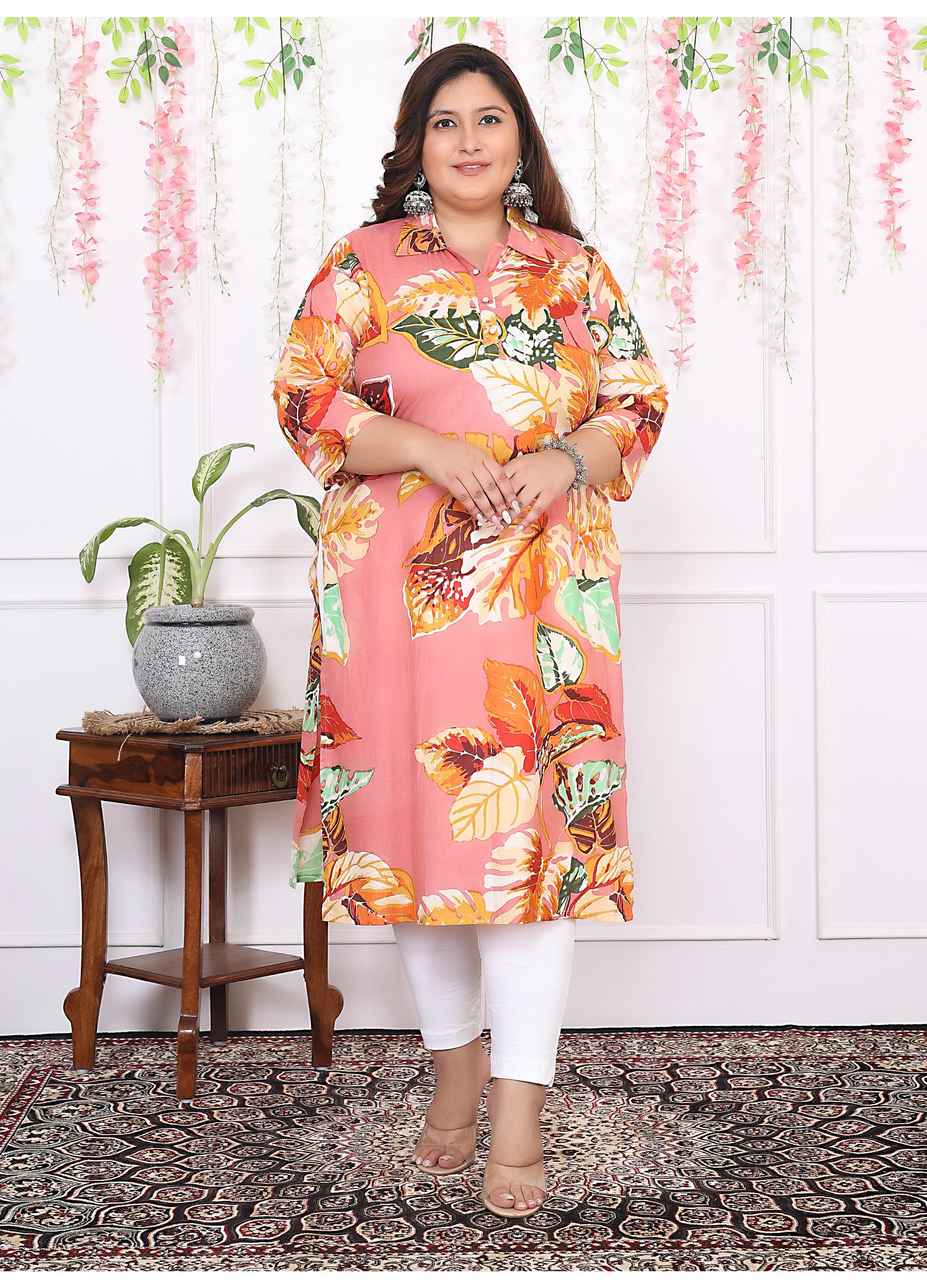 Women Printed Cotton Straight Kurta (B13-Peach)