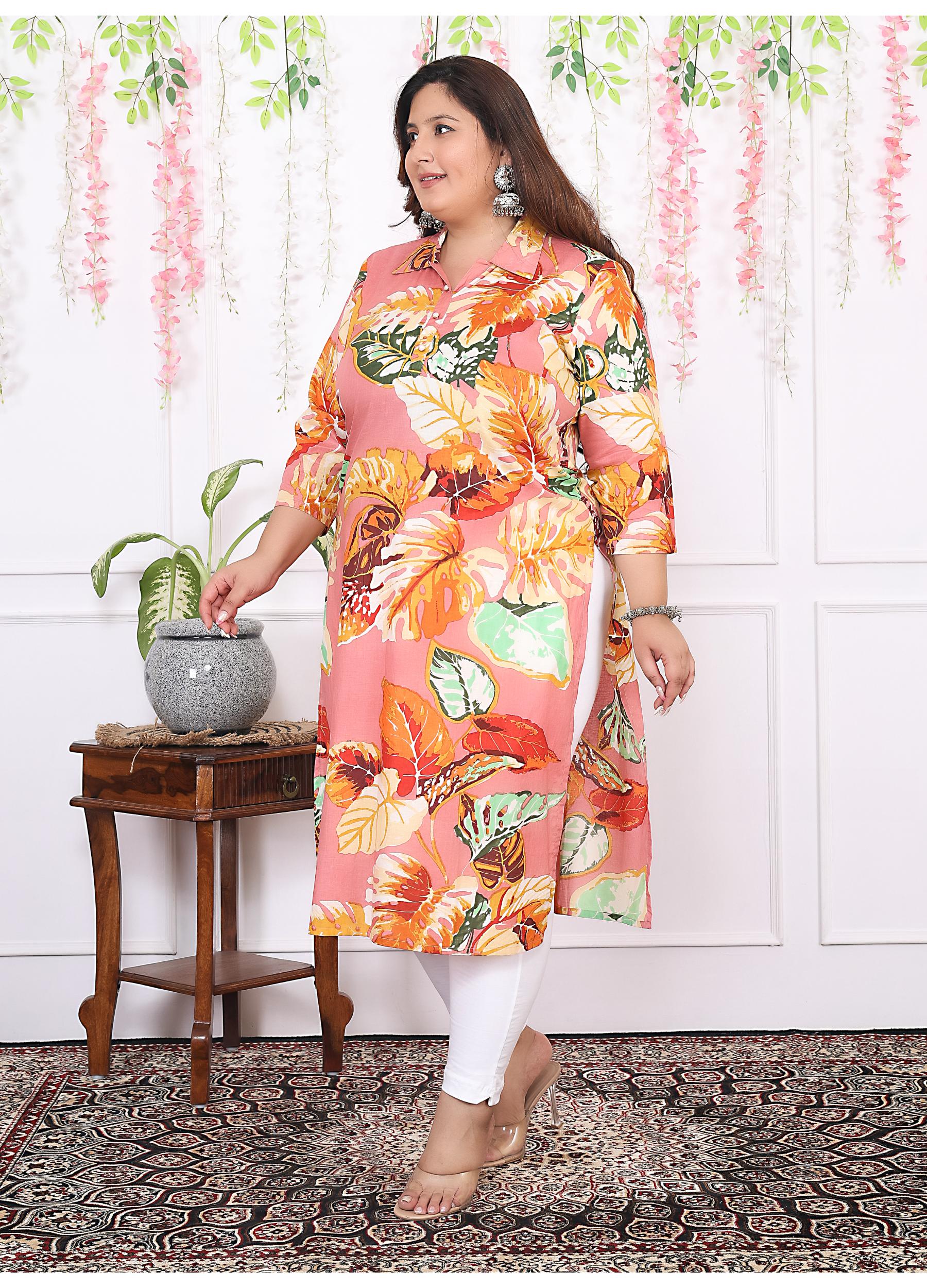 Women Printed Cotton Straight Kurta (B13-Peach)