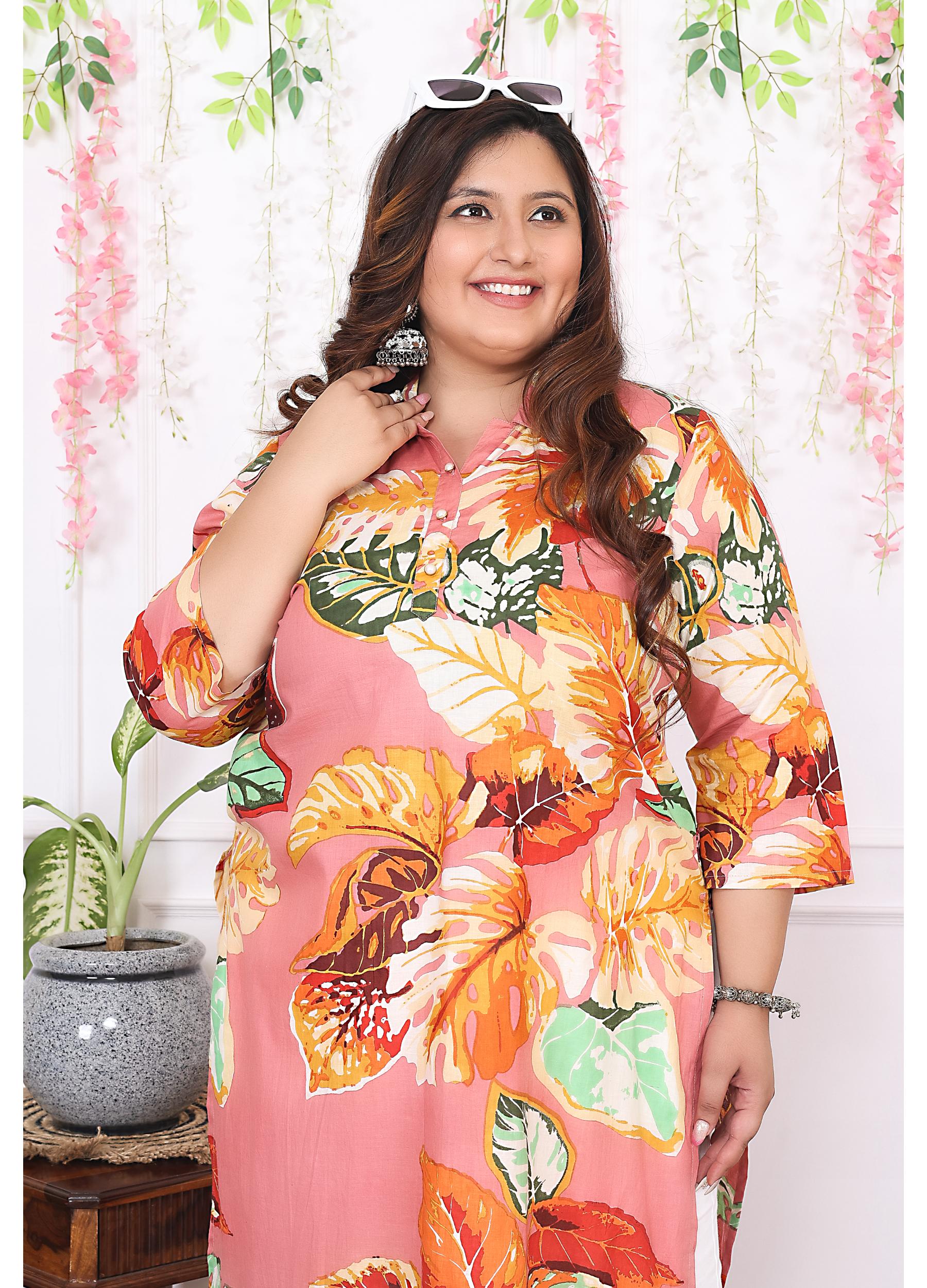 Women Printed Cotton Straight Kurta (B13-Peach)