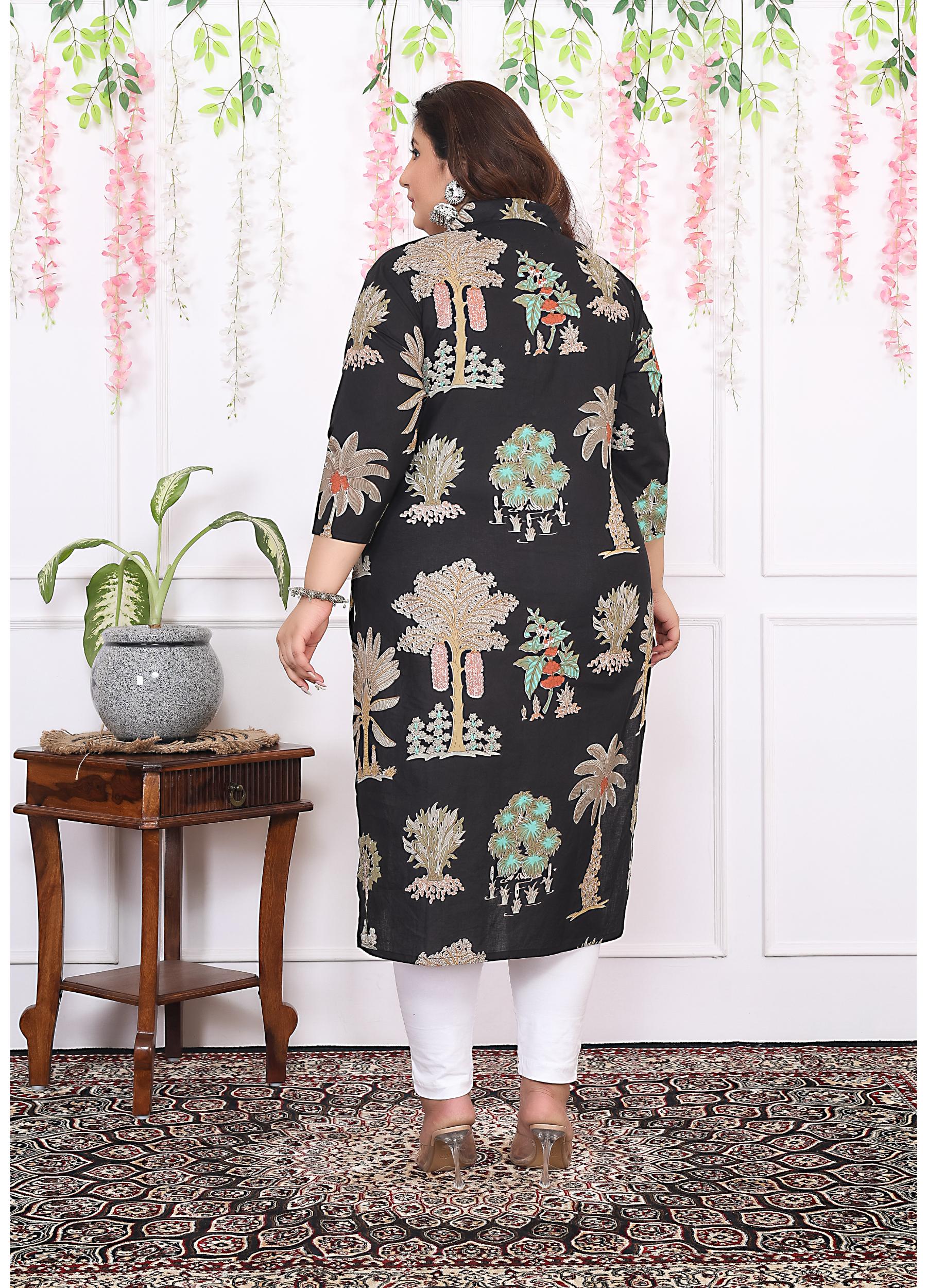 Women Printed Cotton Straight Kurta (B14-Black)