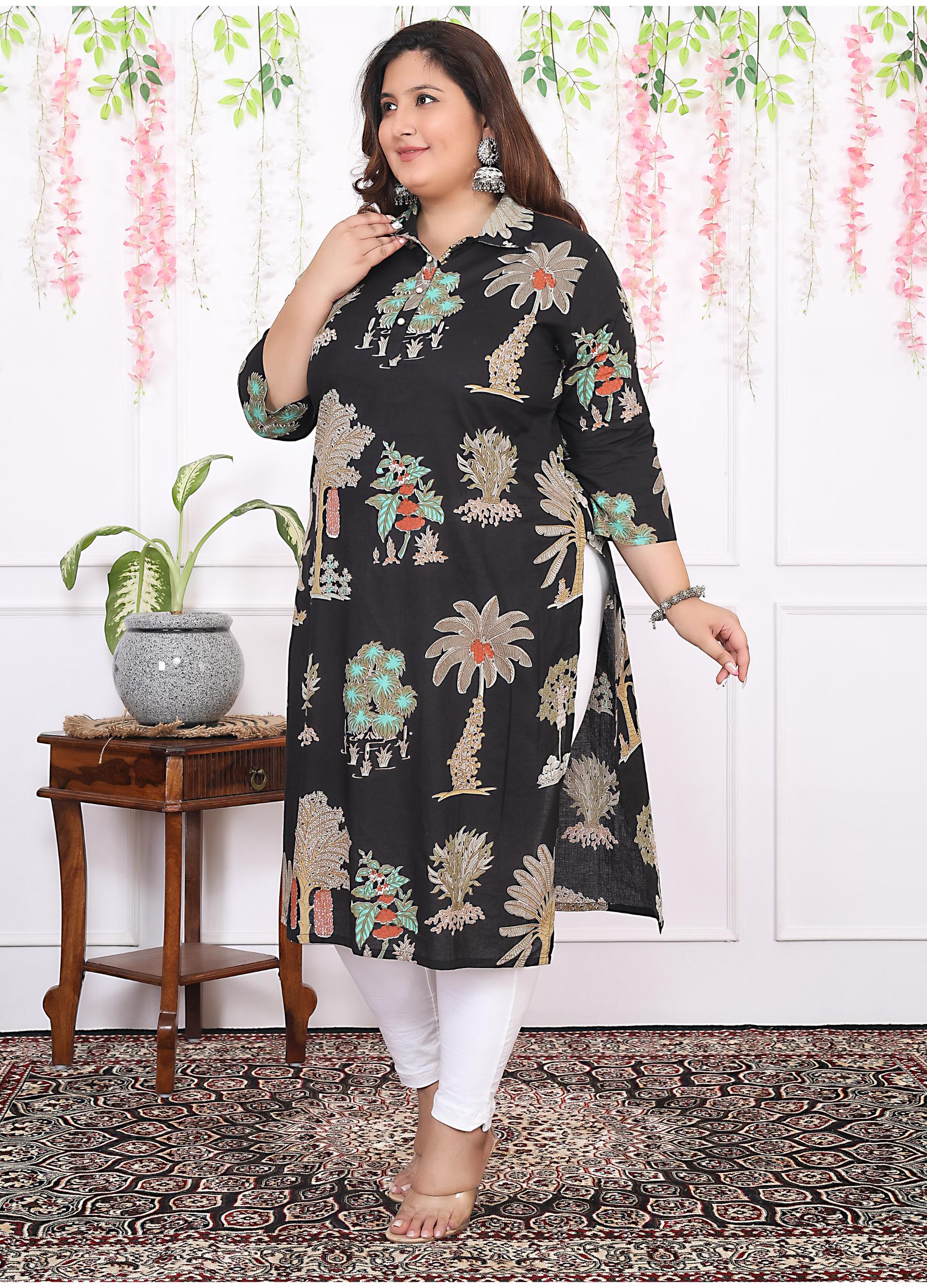 Women Printed Cotton Straight Kurta (B14-Black)