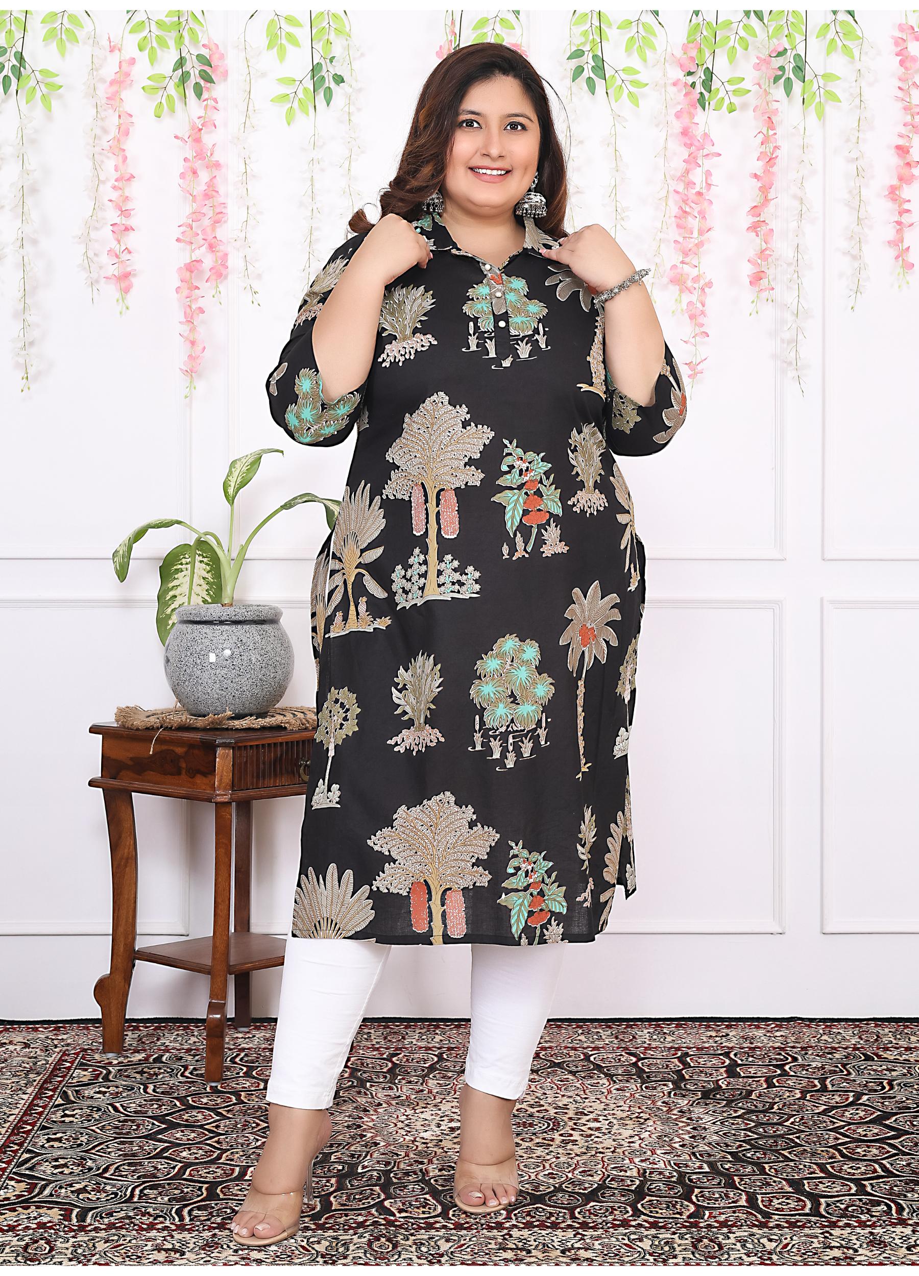 Women Printed Cotton Straight Kurta (B14-Black)