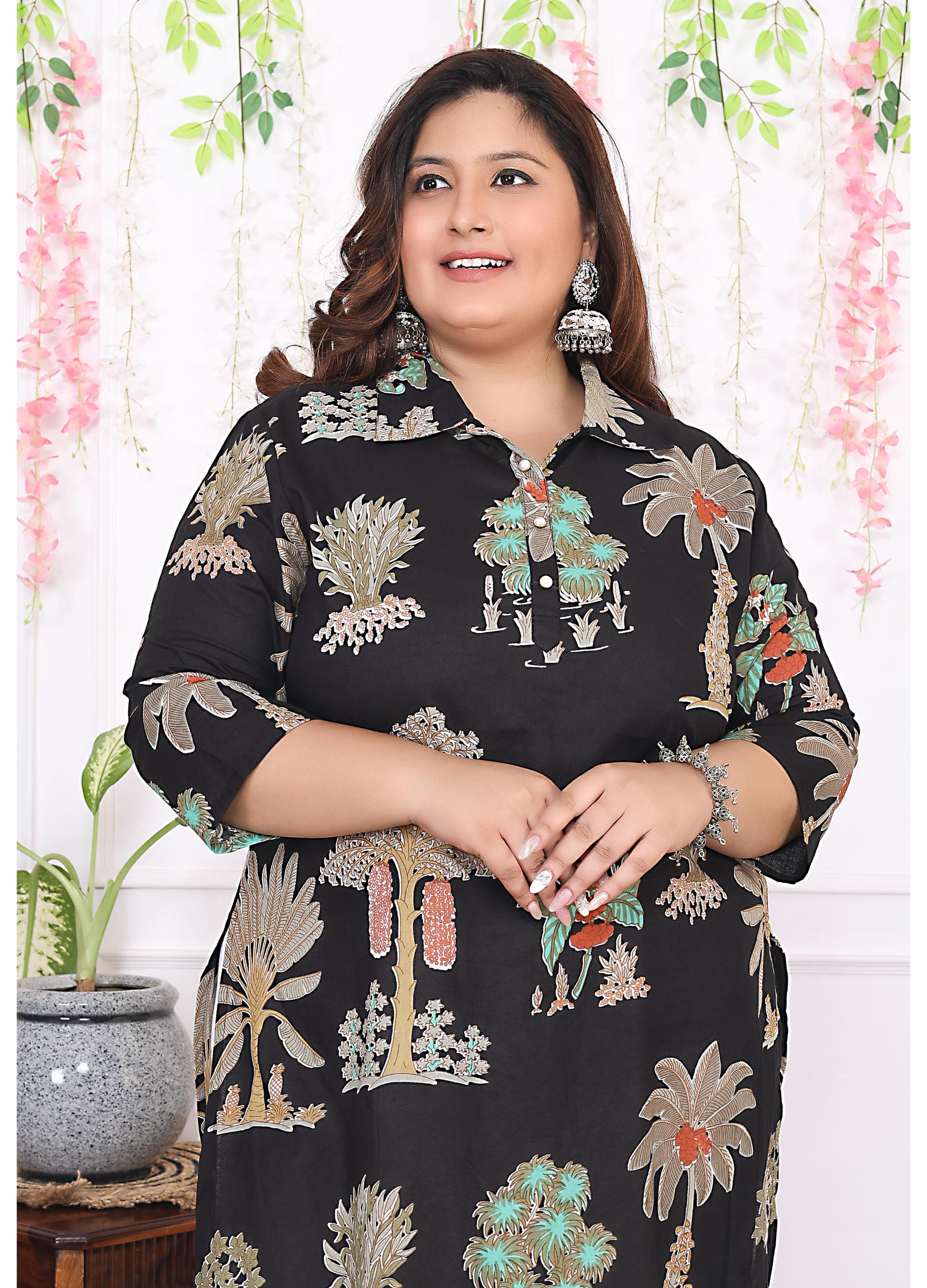 Women Printed Cotton Straight Kurta (B14-Black)