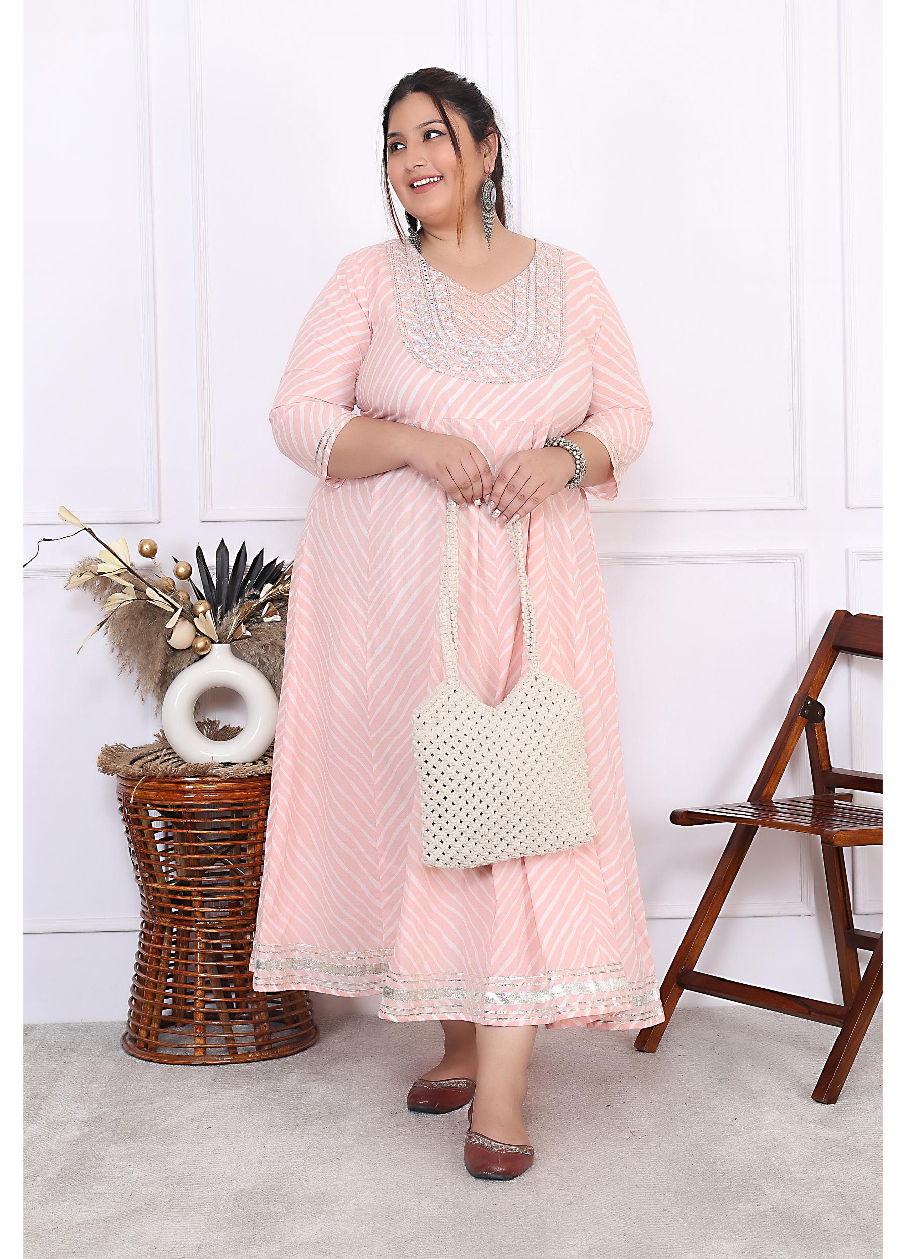 Plus Size Pink Cotton Leheriya Print Embroidered Long Kurta (B16-Pink)