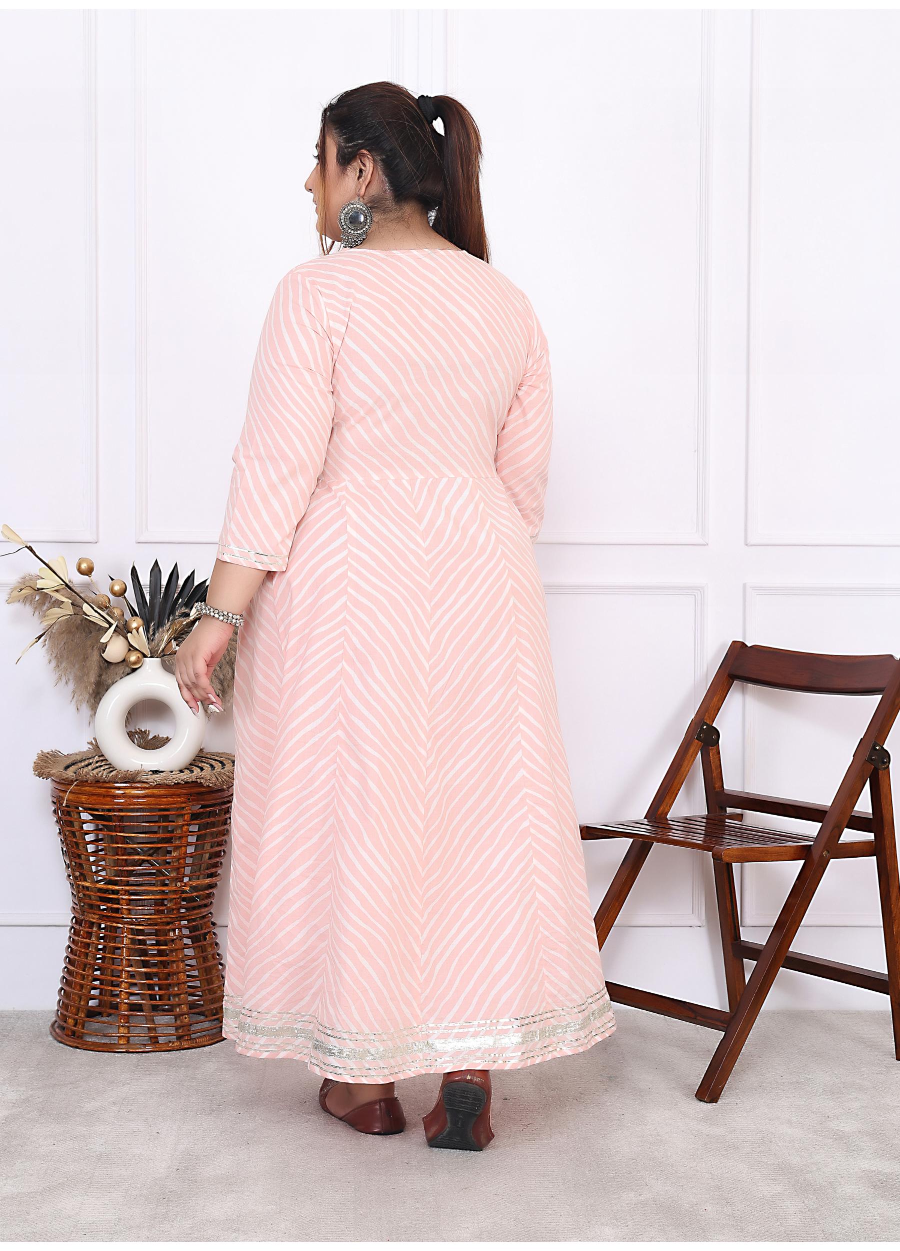 Plus Size Pink Cotton Leheriya Print Embroidered Long Kurta (B16-Pink)