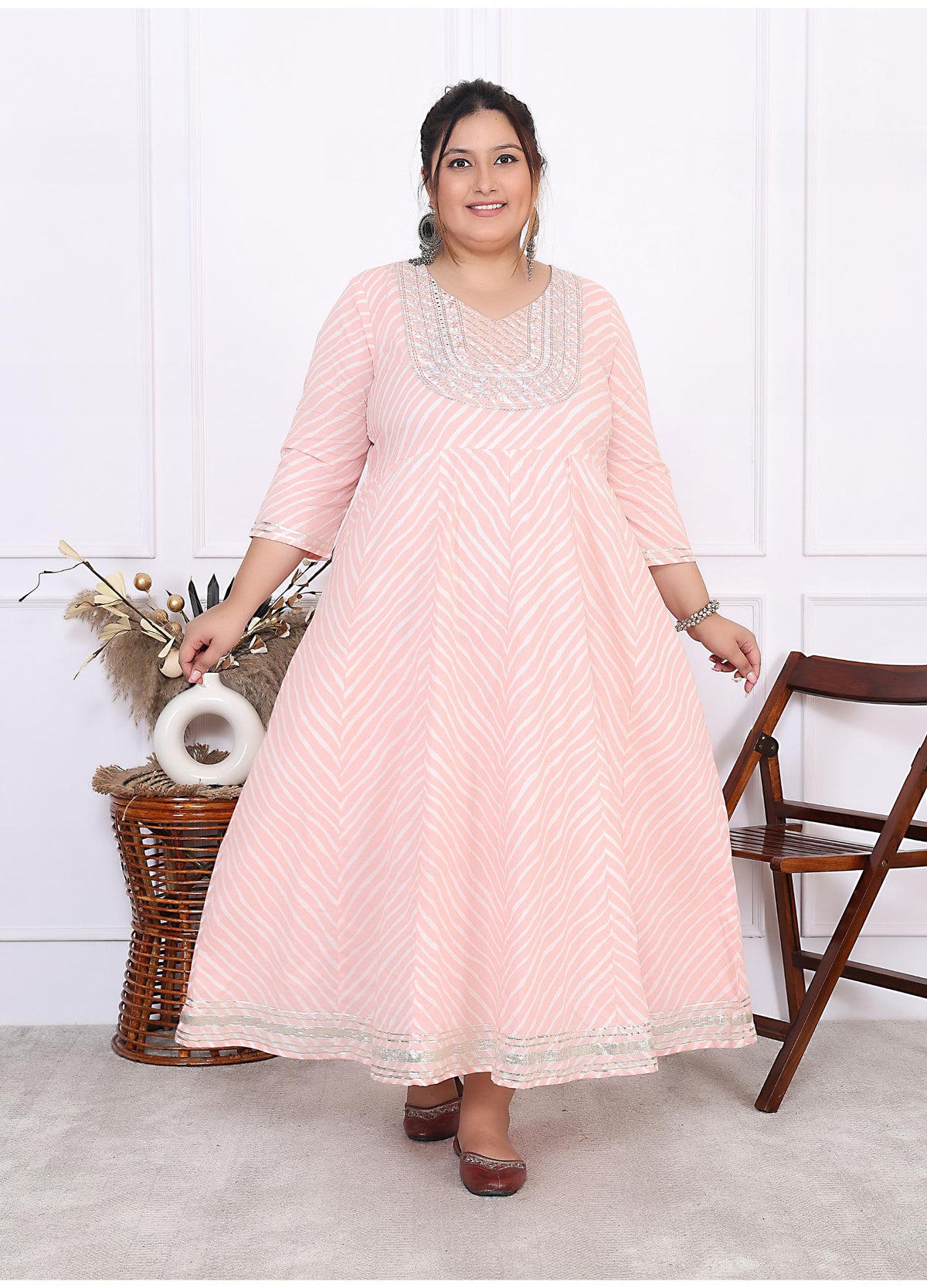 Plus Size Pink Cotton Leheriya Print Embroidered Long Kurta (B16-Pink)