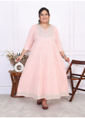 Plus Size Pink Cotton Leheriya Print Embroidered Long Kurta (B16-Pink)