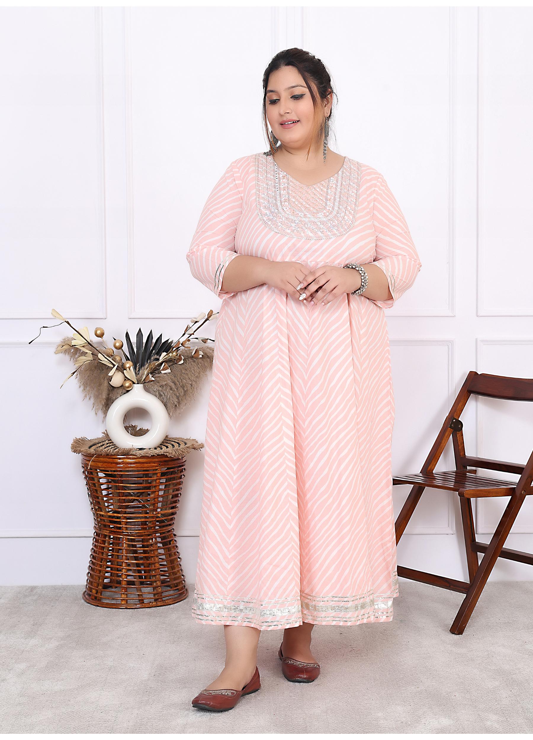 Plus Size Pink Cotton Leheriya Print Embroidered Long Kurta (B16-Pink)