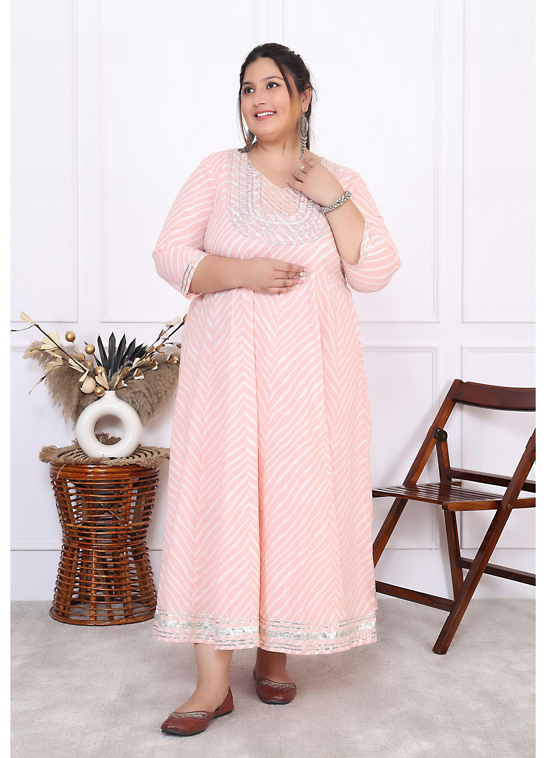 Plus Size Pink Cotton Leheriya Print Embroidered Long Kurta (B16-Pink)