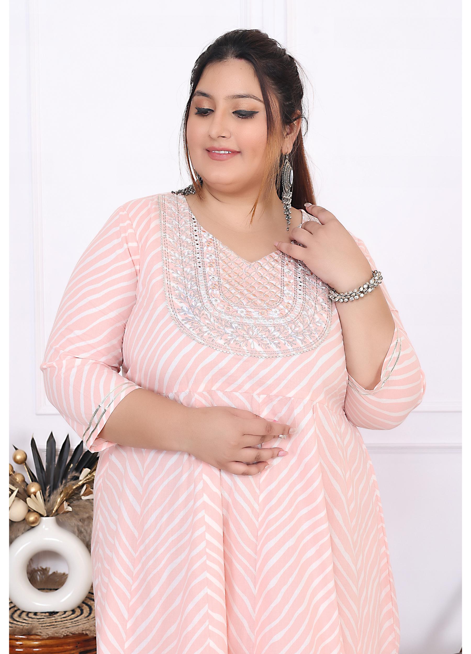 Plus Size Pink Cotton Leheriya Print Embroidered Long Kurta (B16-Pink)