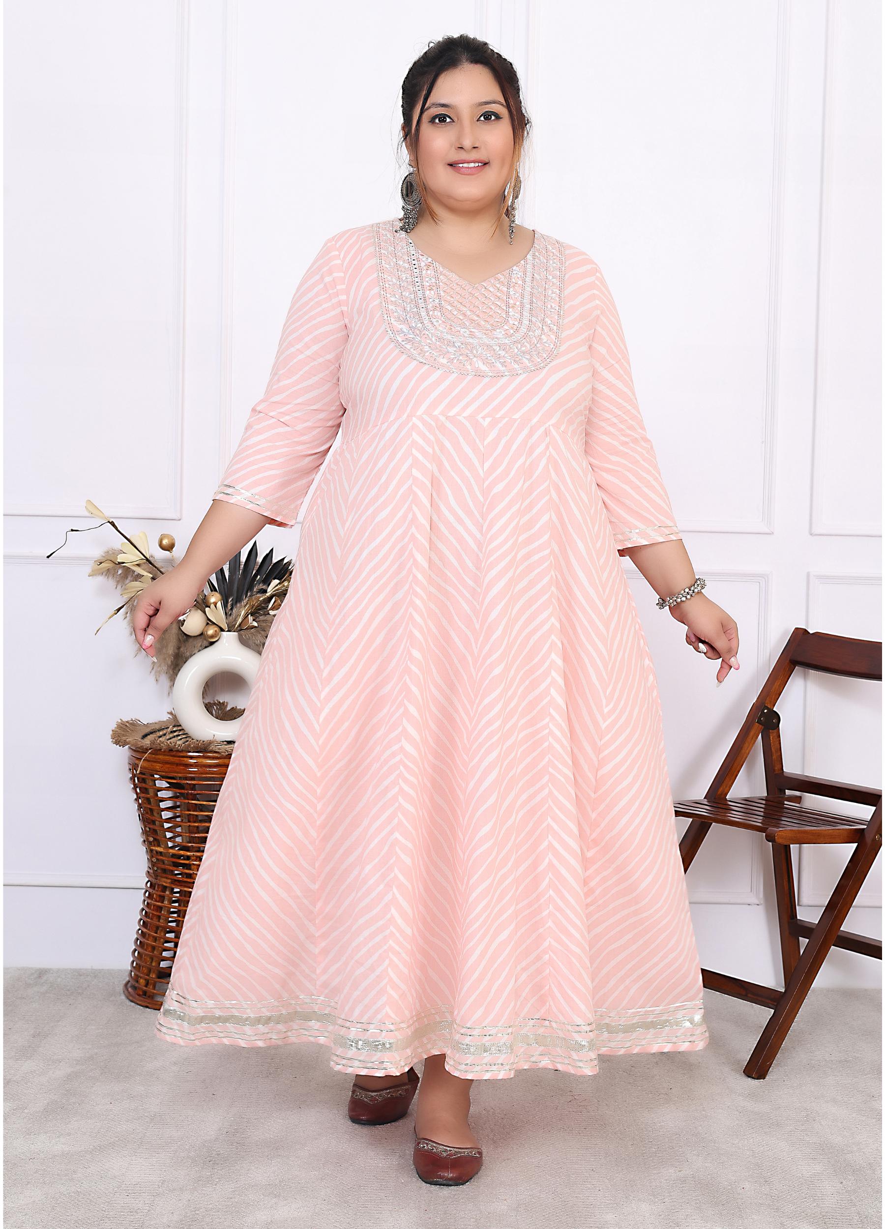 Plus Size Pink Cotton Leheriya Print Embroidered Long Kurta (B16-Pink)