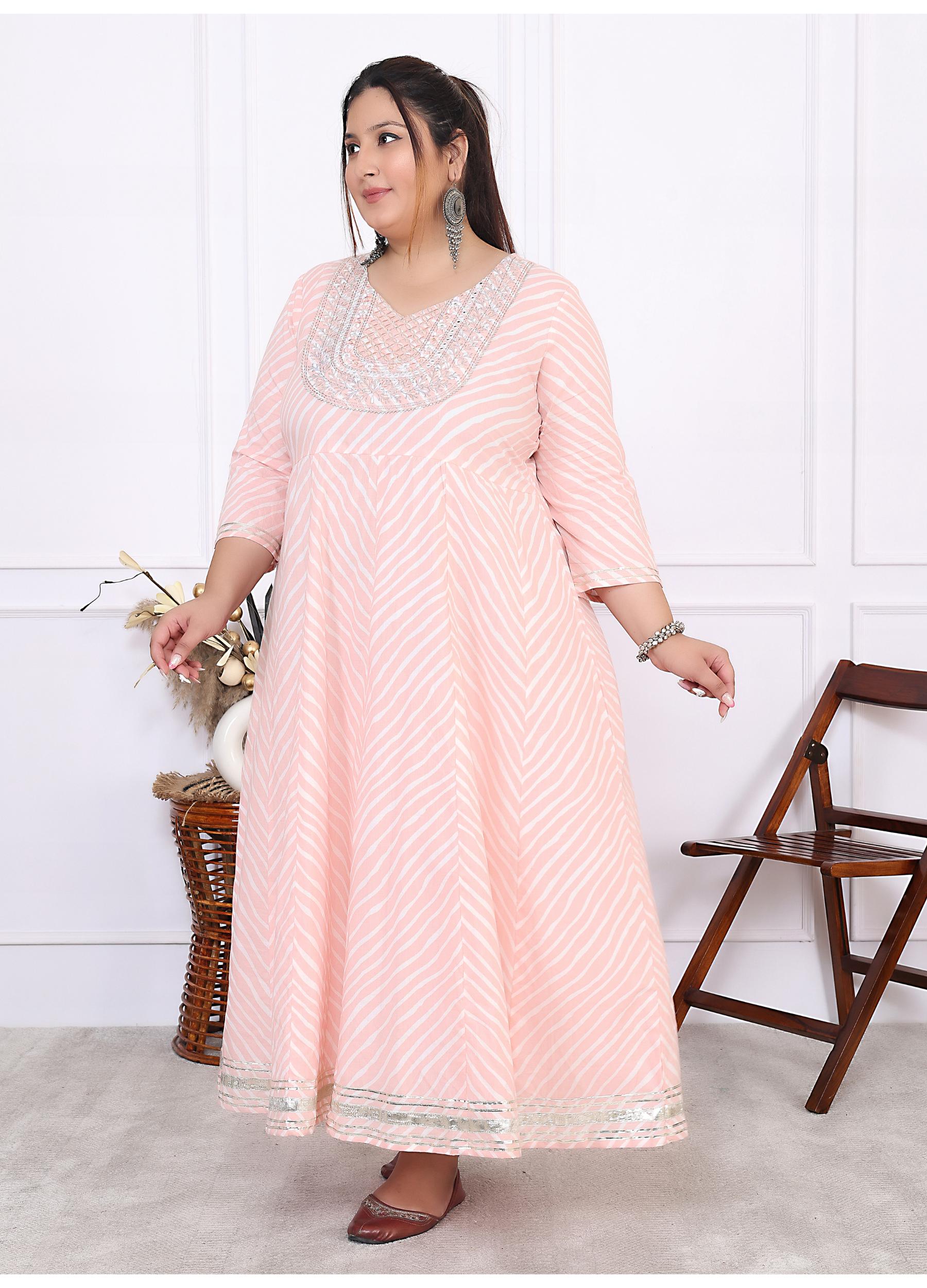 Plus Size Pink Cotton Leheriya Print Embroidered Long Kurta (B16-Pink)