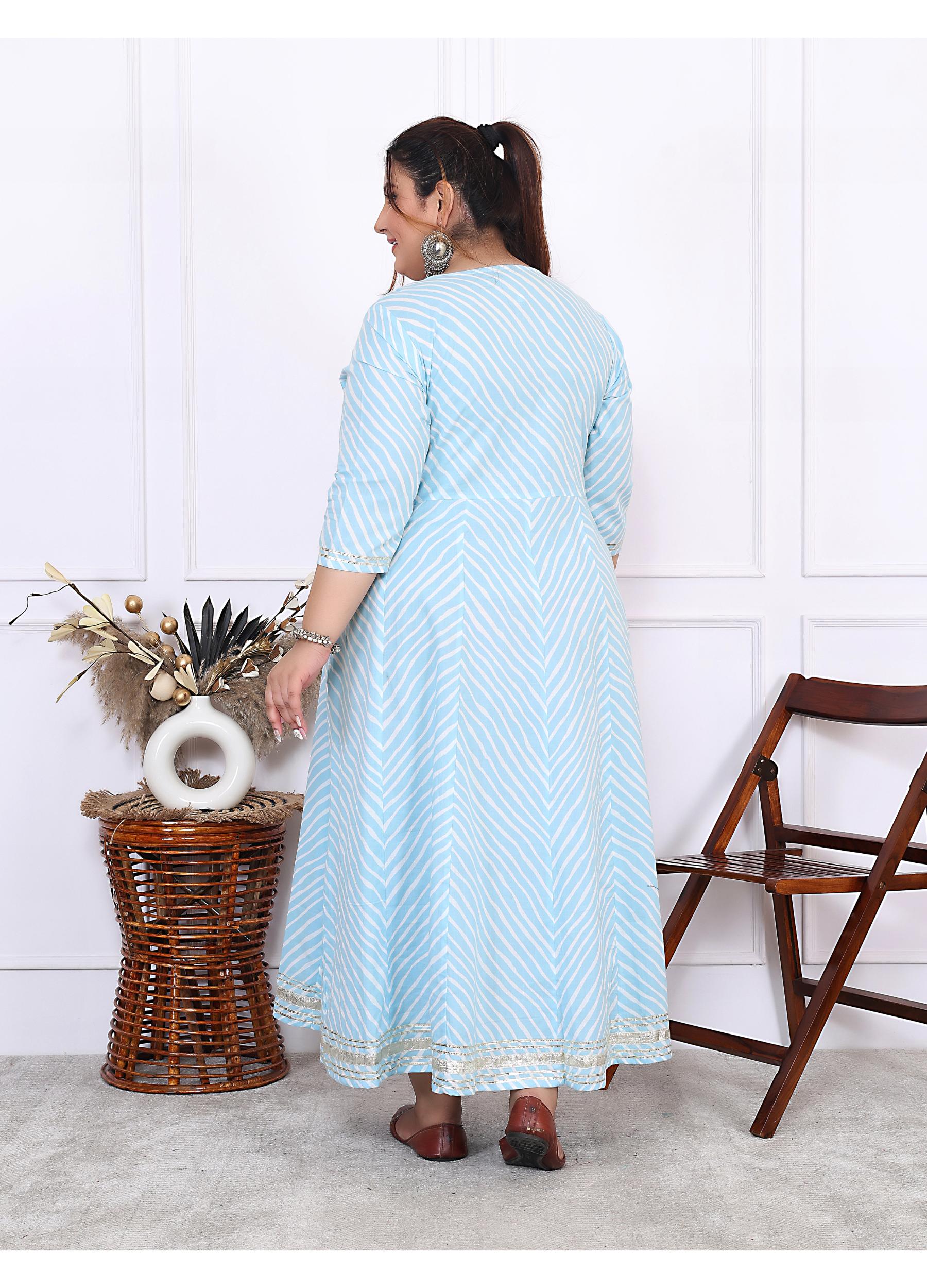 Plus Size Sky Blue Cotton Leheriya Print Embroidered Long Kurta (B16-Sky Blue)