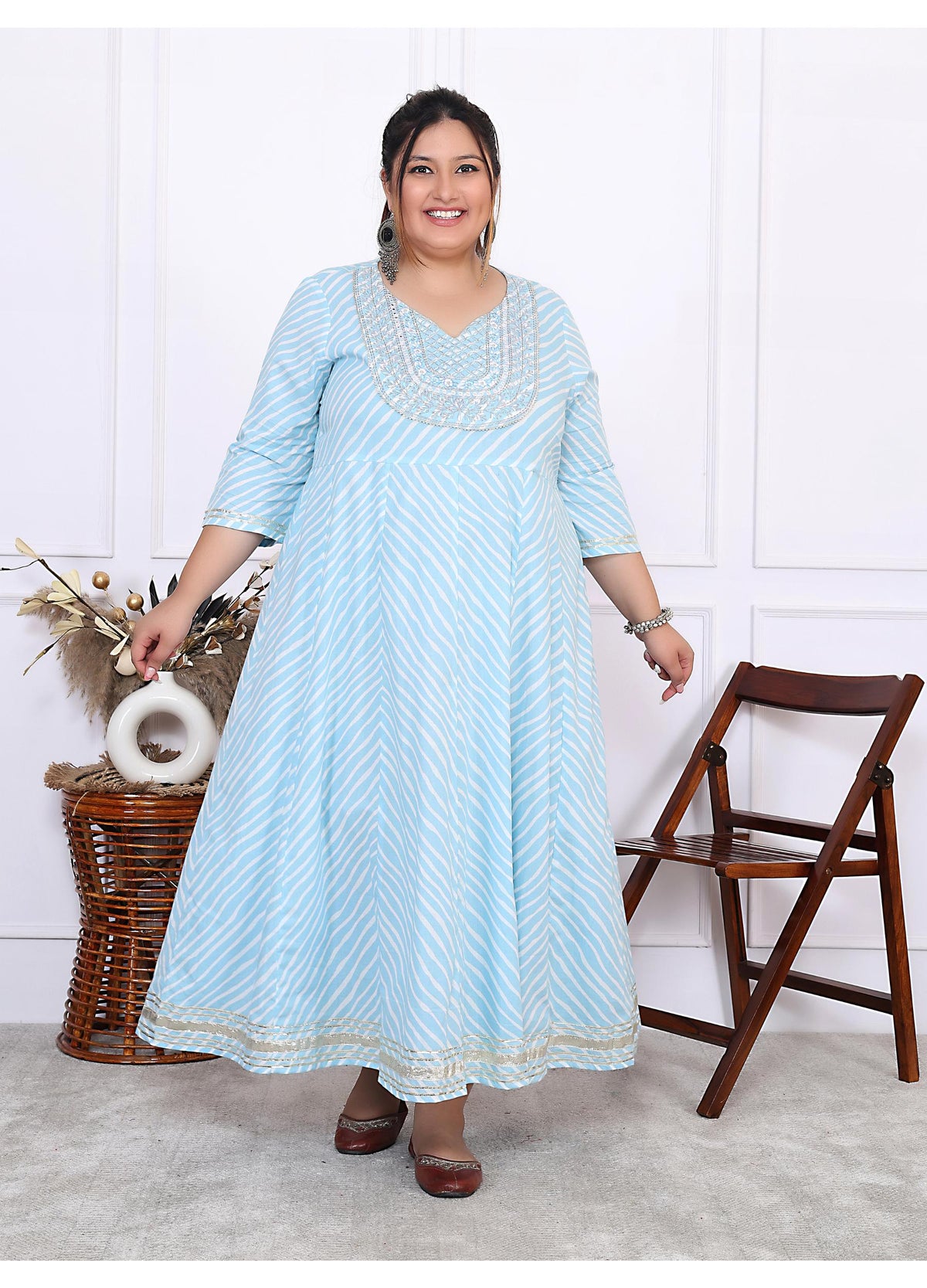 Plus Size Sky Blue Cotton Leheriya Print Embroidered Long Kurta (B16-Sky Blue)