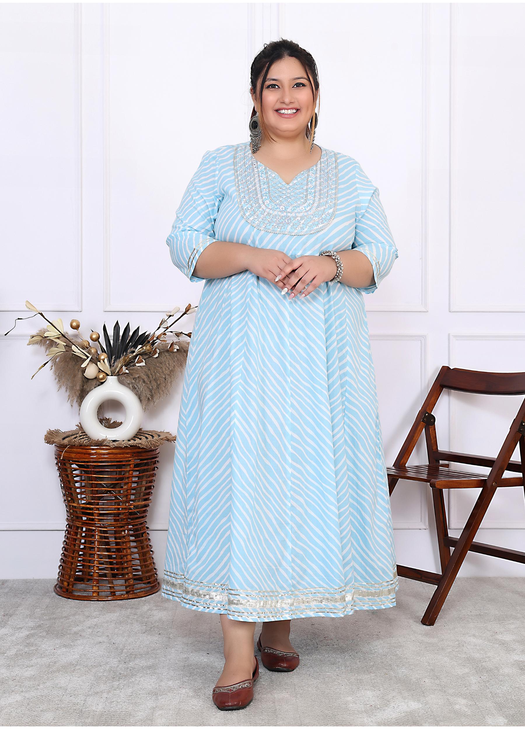 Plus Size Sky Blue Cotton Leheriya Print Embroidered Long Kurta (B16-Sky Blue)