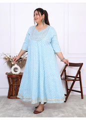 Plus Size Sky Blue Cotton Leheriya Print Embroidered Long Kurta (B16-Sky Blue)