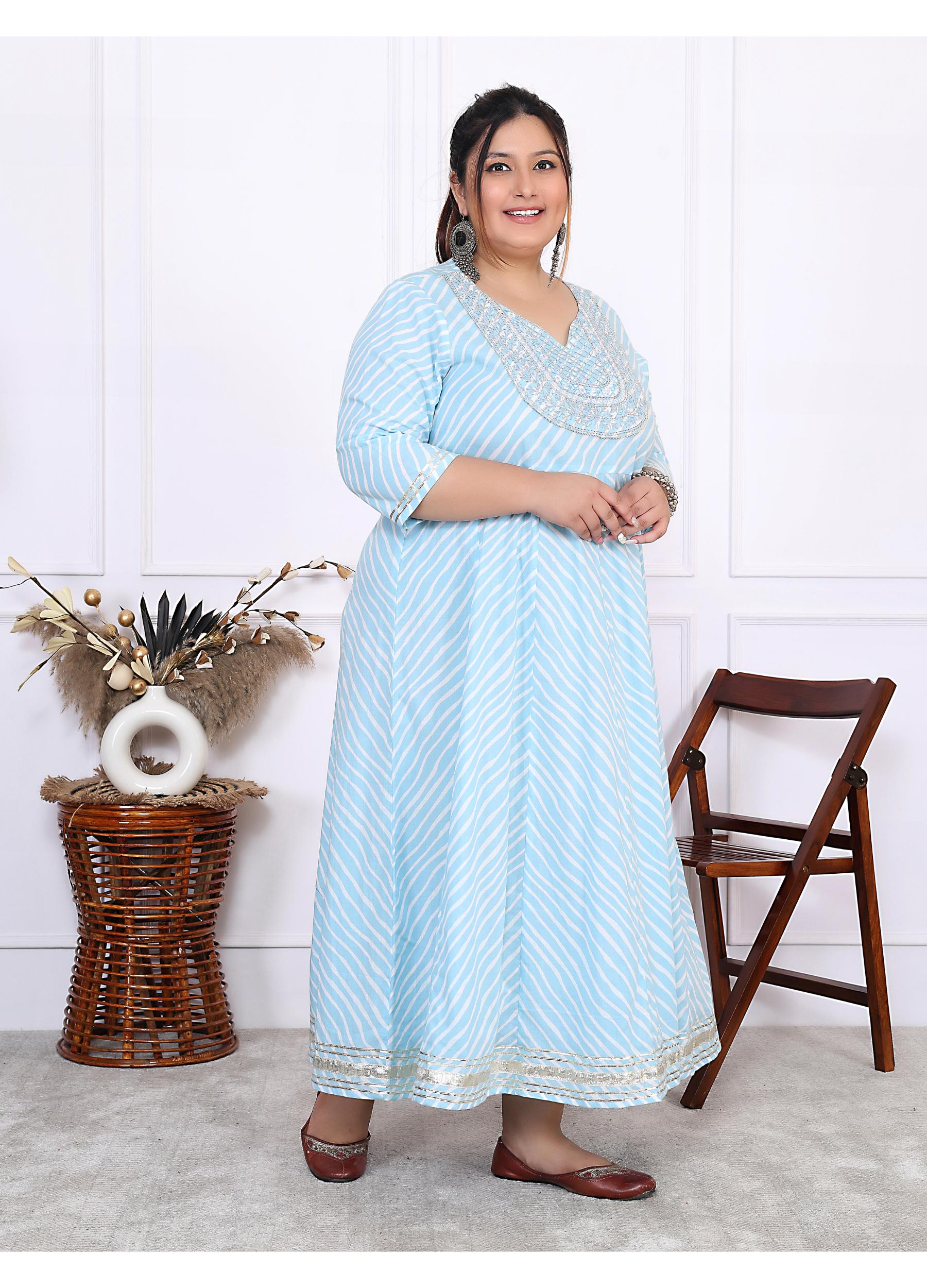 Plus Size Sky Blue Cotton Leheriya Print Embroidered Long Kurta (B16-Sky Blue)