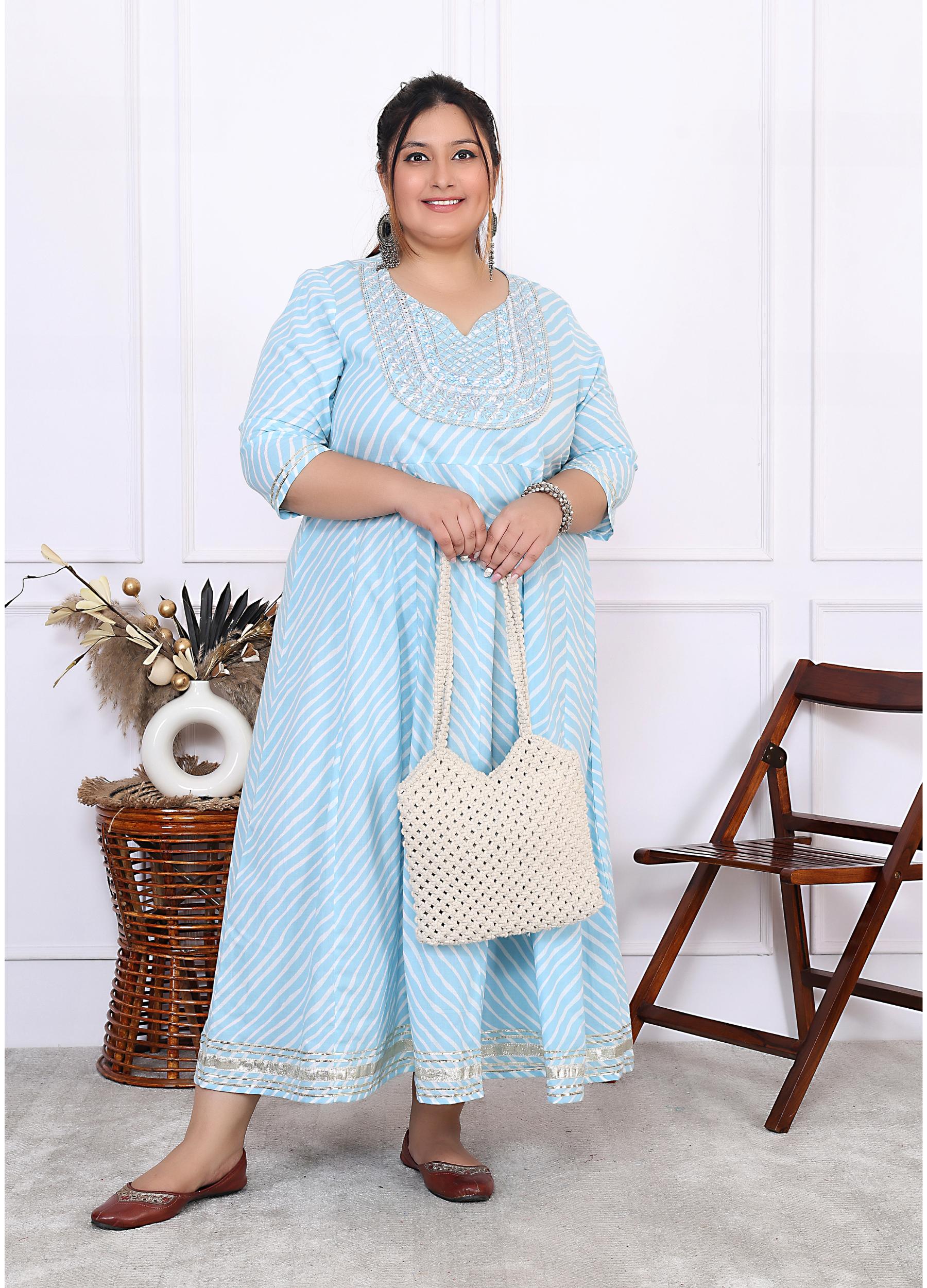 Plus Size Sky Blue Cotton Leheriya Print Embroidered Long Kurta (B16-Sky Blue)