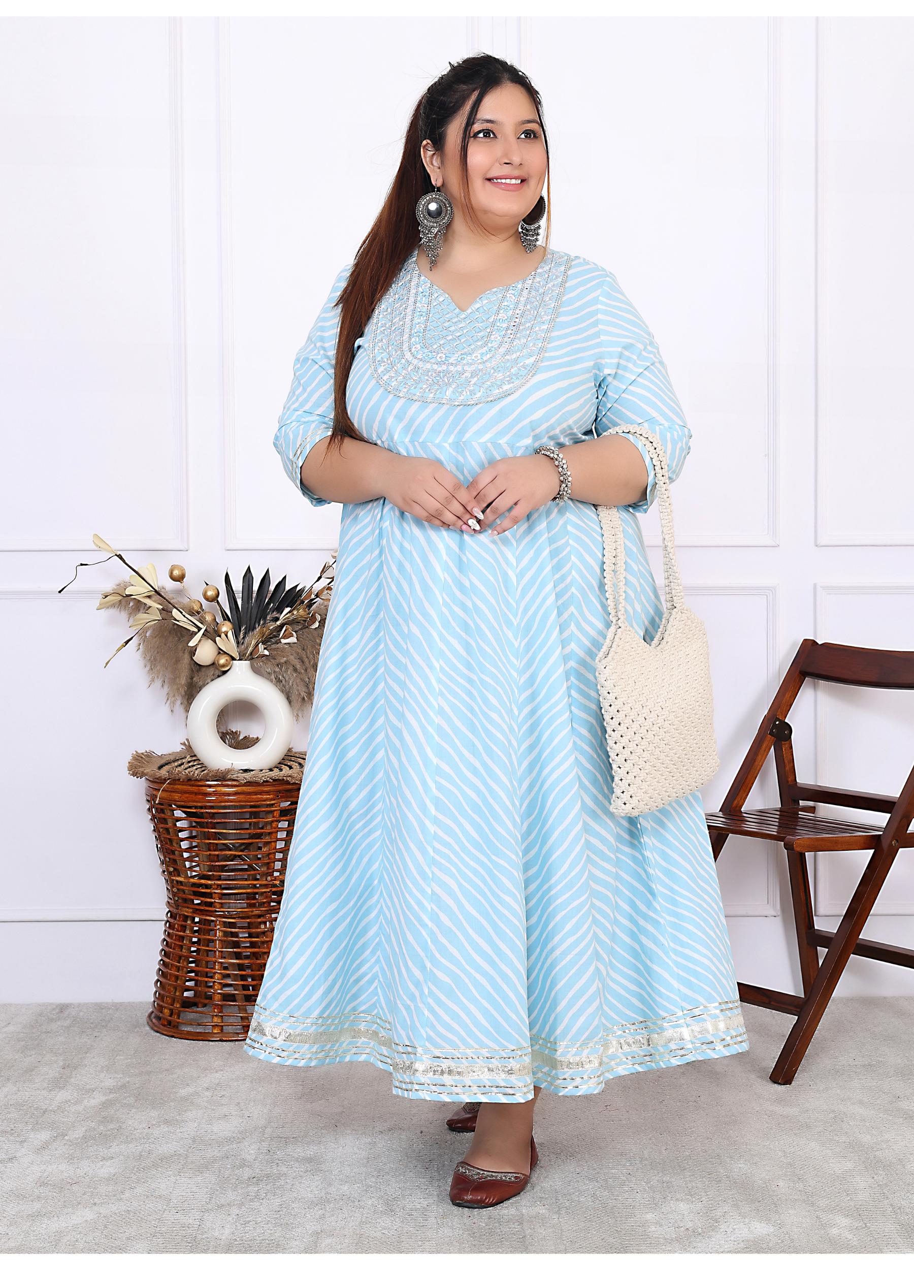 Plus Size Sky Blue Cotton Leheriya Print Embroidered Long Kurta (B16-Sky Blue)